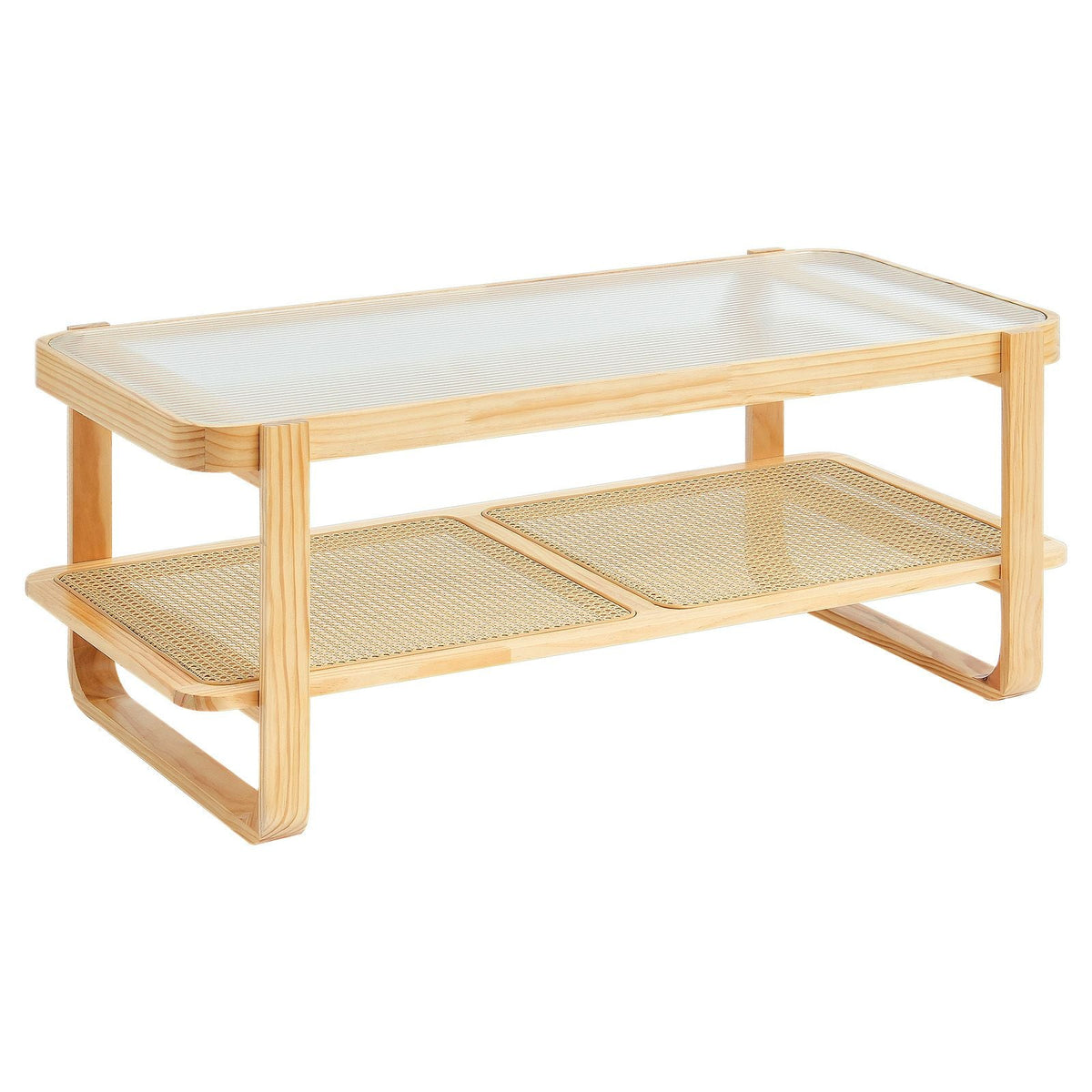 Rattan Coffee Table, Rectangle Rattan Woven Wood Coffee Table with Tempered Glass Top, 45-Inch Modern Boho Storage Coffee Table with Natural Wood Legs, for Living Room, Bedroom & Small Spaces