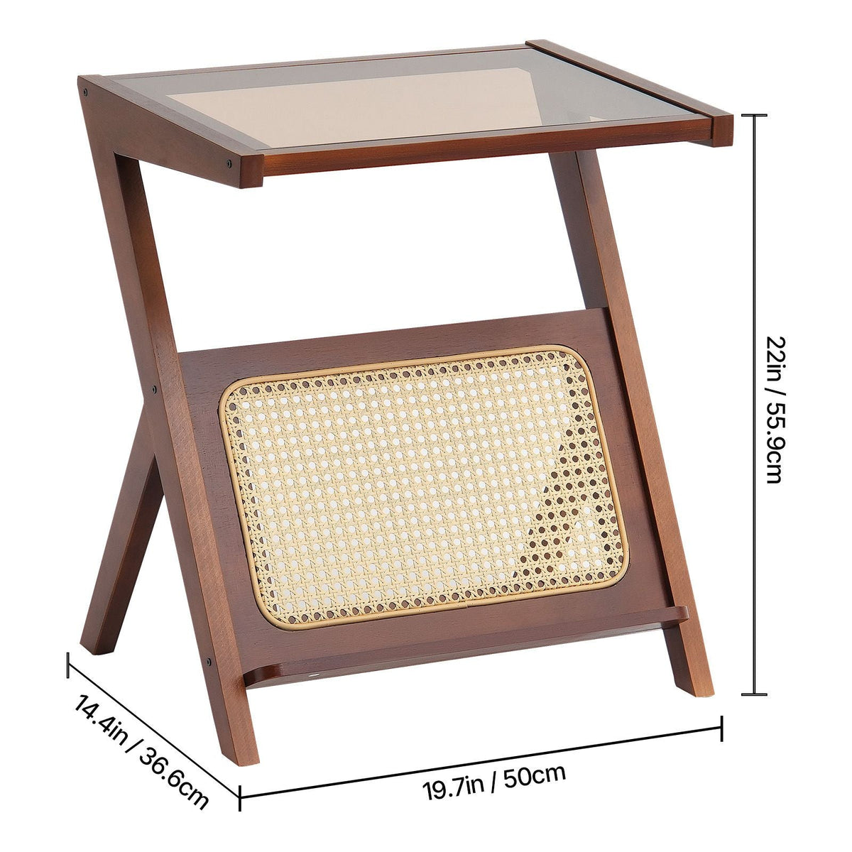 Rattan Coffee Table, Z-Shaped Rattan Woven Bamboo Coffee Table with Tempered Glass Top, 20' Modern Boho Storage Coffee Table with Natural Bamboo Legs, for Living Room, Bedroom & Small Spaces