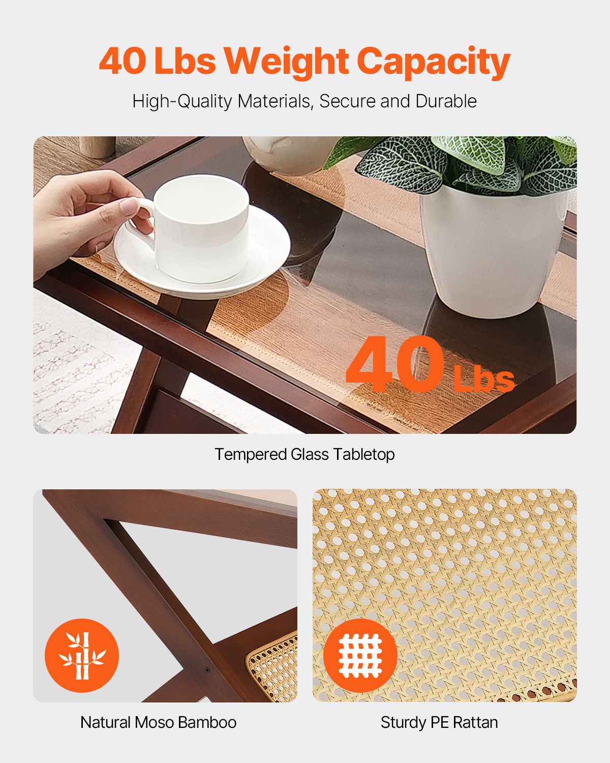 Rattan Coffee Table, Z-Shaped Rattan Woven Bamboo Coffee Table with Tempered Glass Top, 20' Modern Boho Storage Coffee Table with Natural Bamboo Legs, for Living Room, Bedroom & Small Spaces