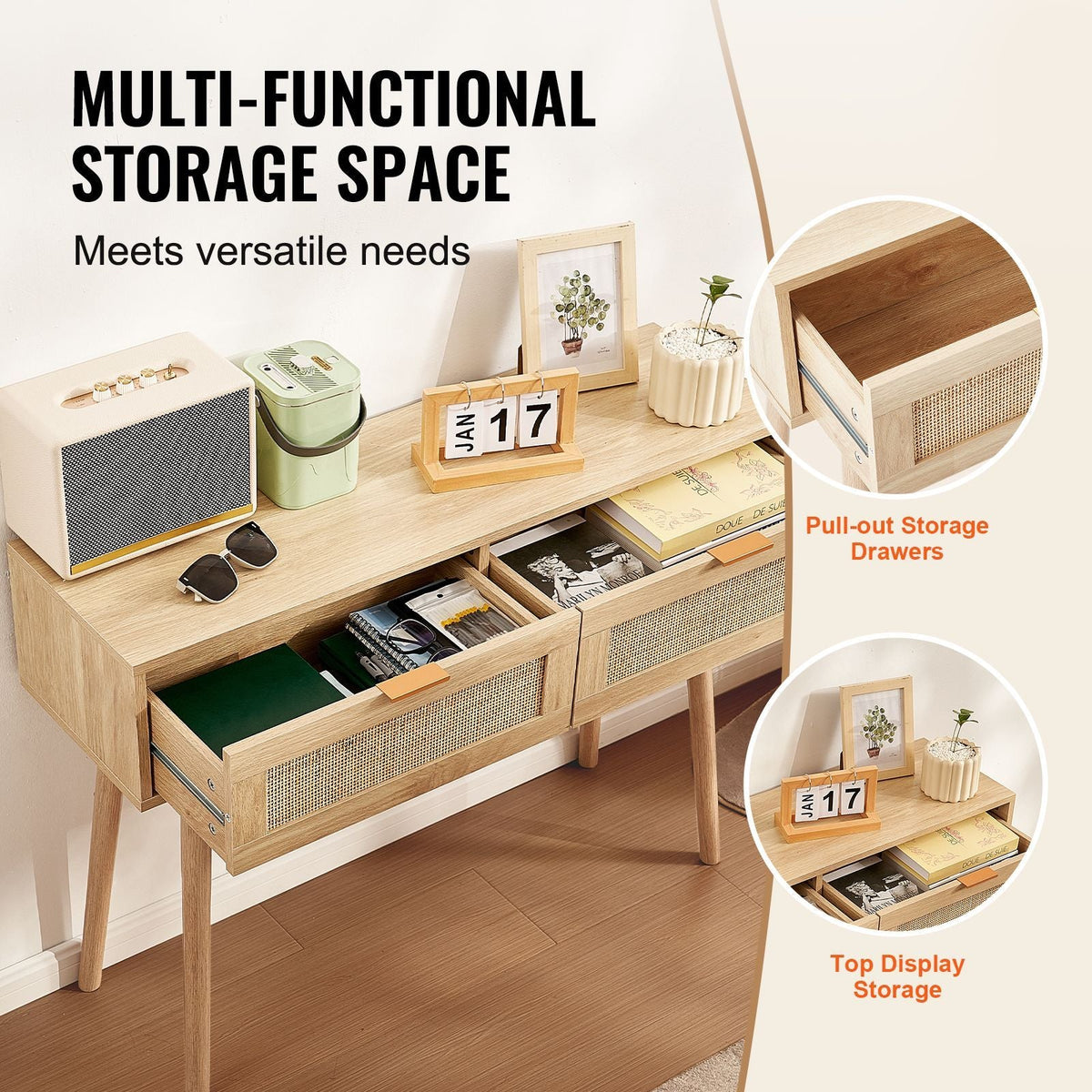 Rattan Console Table with 2 Storage Drawers, Rattan Entryway Table with Natural Rattan Sliding Door, Console Sofa Table for Living Room, Study, Entryway Or TV Wall, Natural