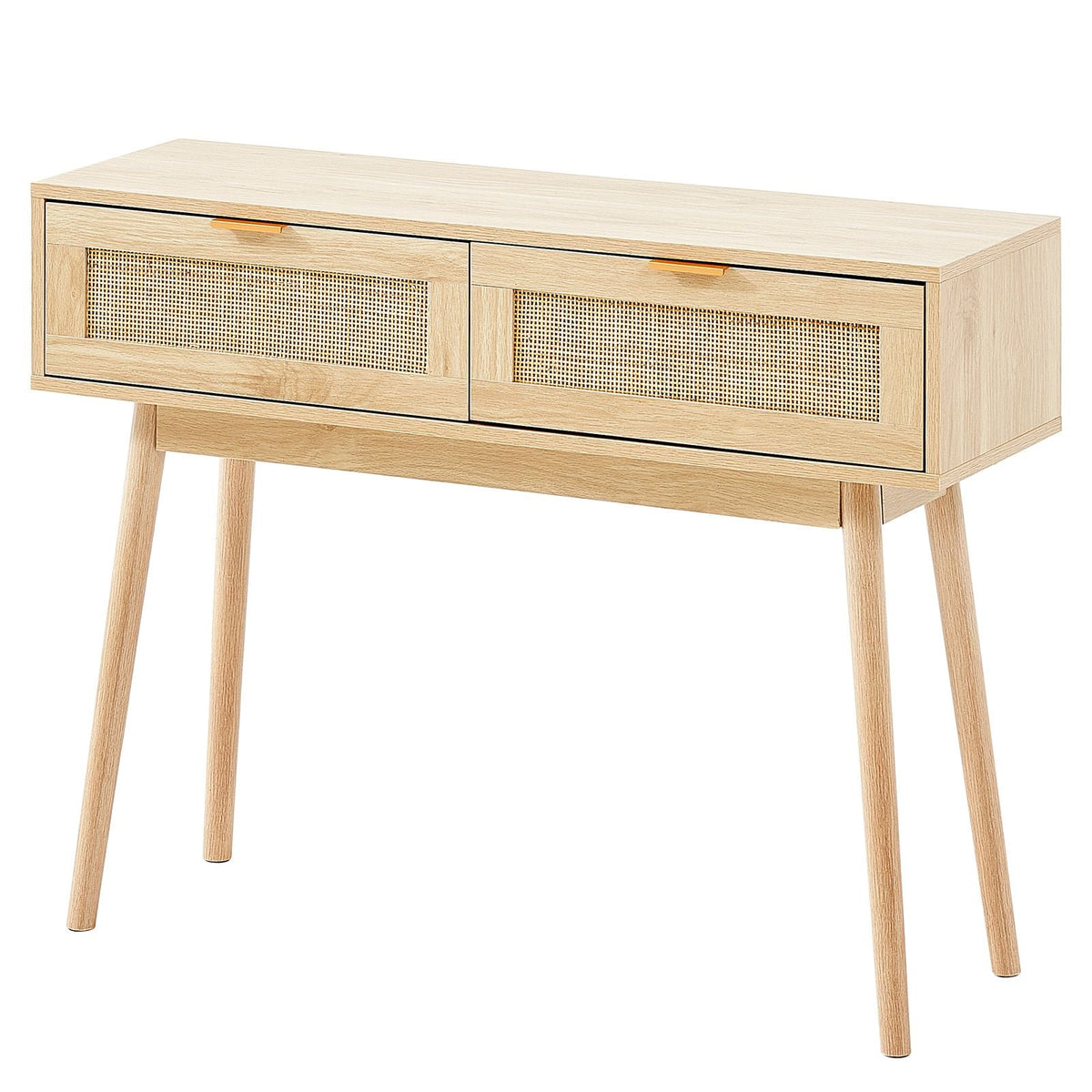 Rattan Console Table with 2 Storage Drawers, Rattan Entryway Table with Natural Rattan Sliding Door, Console Sofa Table for Living Room, Study, Entryway Or TV Wall, Natural
