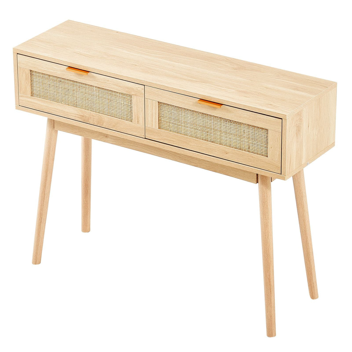 Rattan Console Table with 2 Storage Drawers, Rattan Entryway Table with Natural Rattan Sliding Door, Console Sofa Table for Living Room, Study, Entryway Or TV Wall, Natural