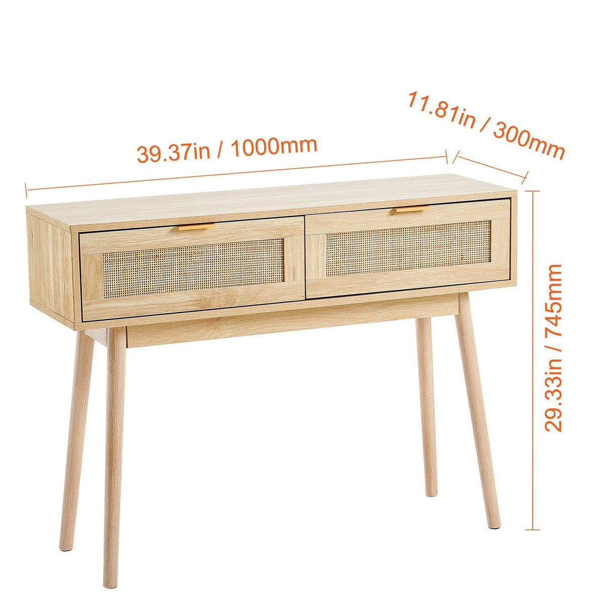 Rattan Console Table with 2 Storage Drawers, Rattan Entryway Table with Natural Rattan Sliding Door, Console Sofa Table for Living Room, Study, Entryway Or TV Wall, Natural
