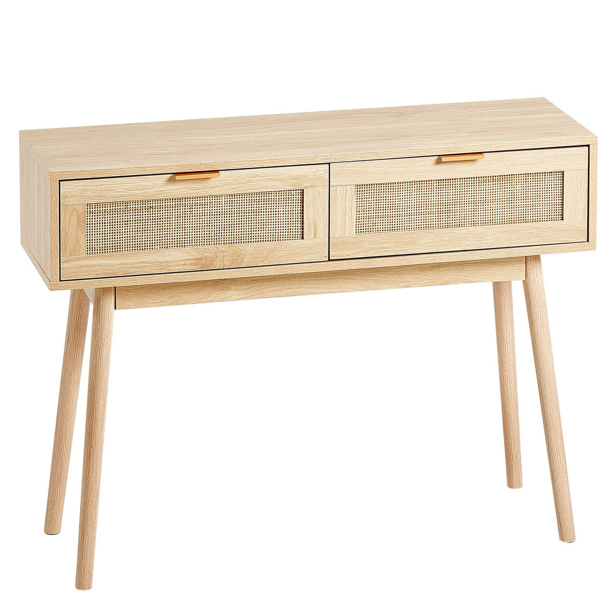 Rattan Console Table with 2 Storage Drawers, Rattan Entryway Table with Natural Rattan Sliding Door, Console Sofa Table for Living Room, Study, Entryway Or TV Wall, Natural