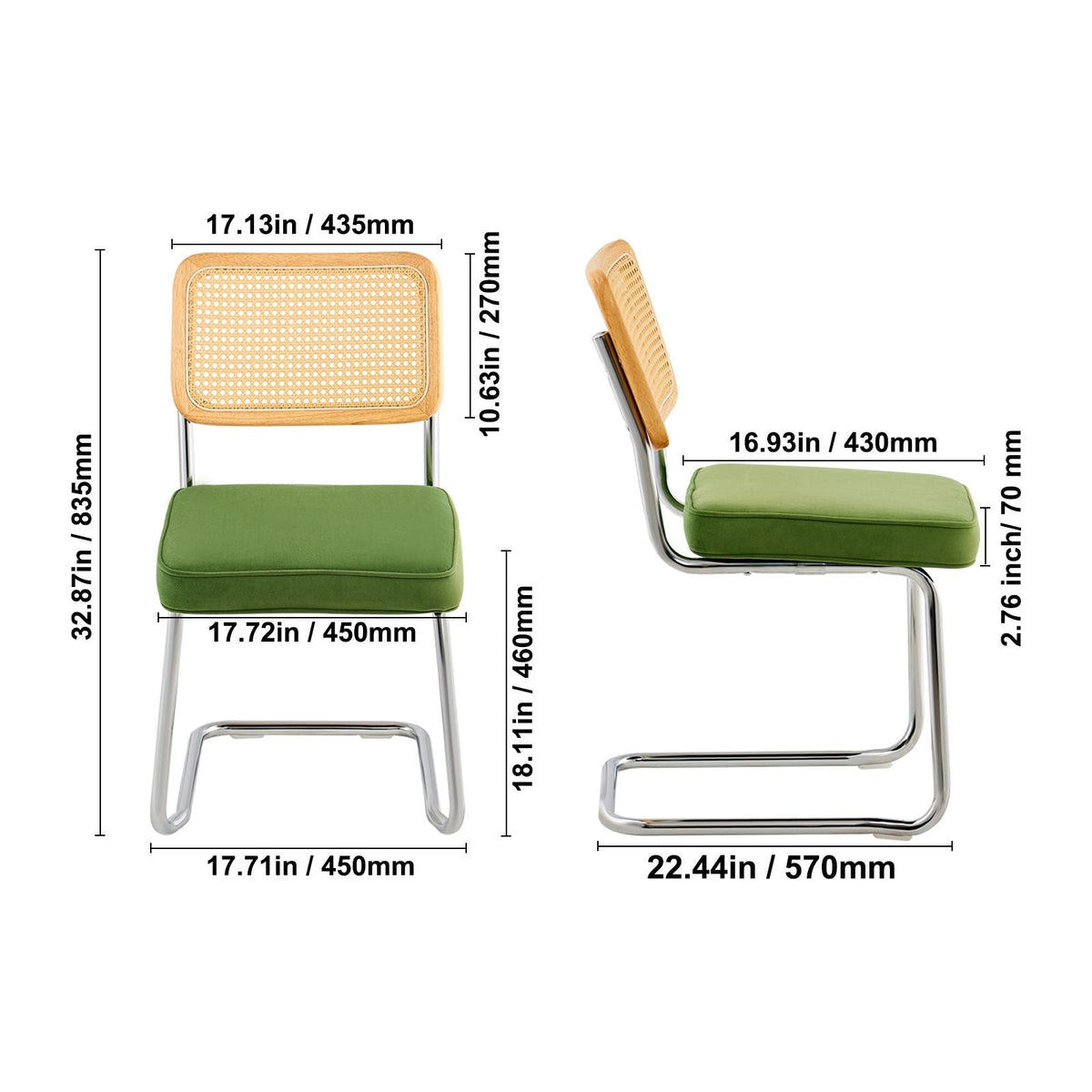 Rattan Dining Chairs Set of 2, Mid Century Modern Dining Chair, Upholstered Velvet Accent Chair with Rattan Back, Retro Dining Room Kitchen Chair for Living Room, Bedroom, Office (18.1 Inch)