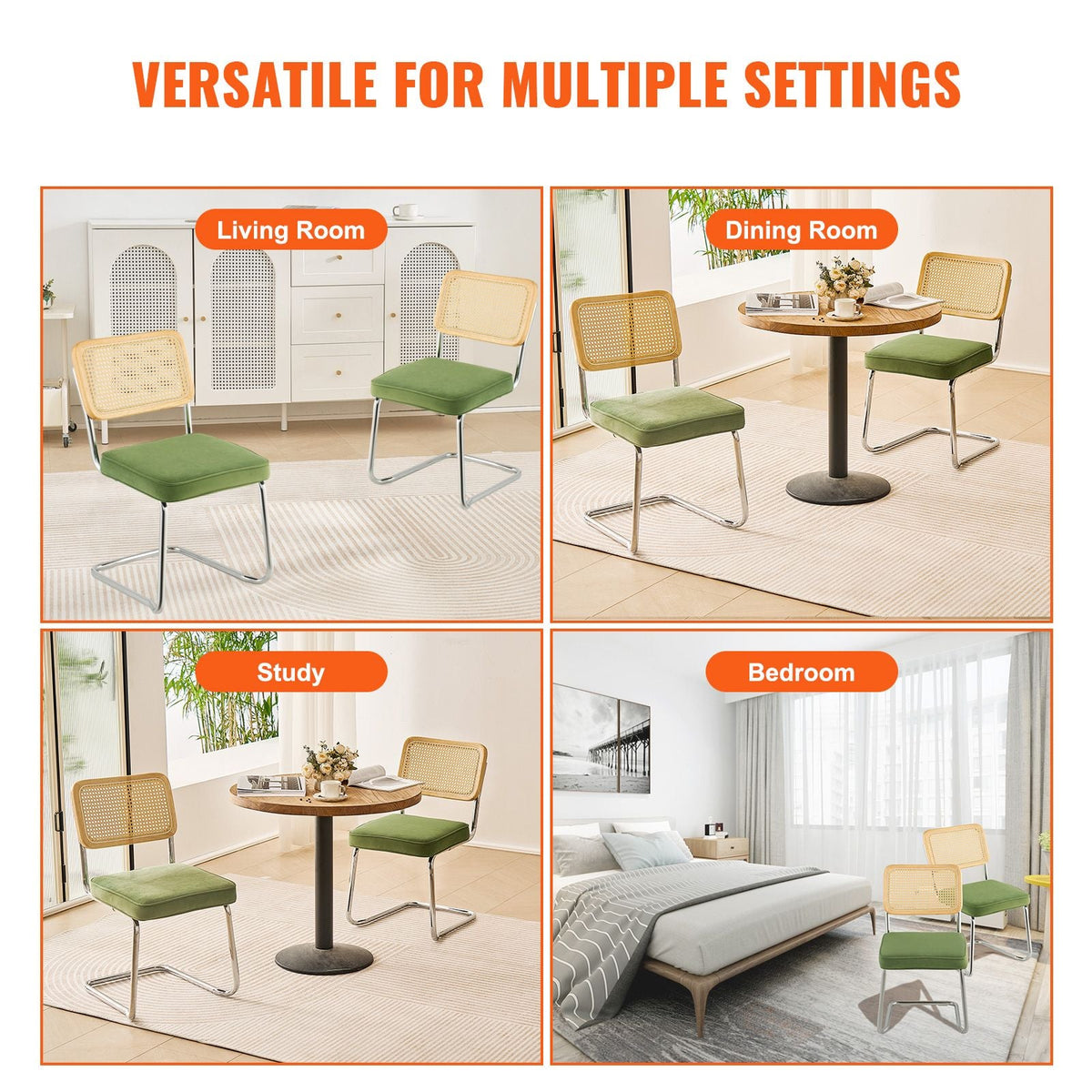 Rattan Dining Chairs Set of 2, Mid Century Modern Dining Chair, Upholstered Velvet Accent Chair with Rattan Back, Retro Dining Room Kitchen Chair for Living Room, Bedroom, Office (18.1 Inch)
