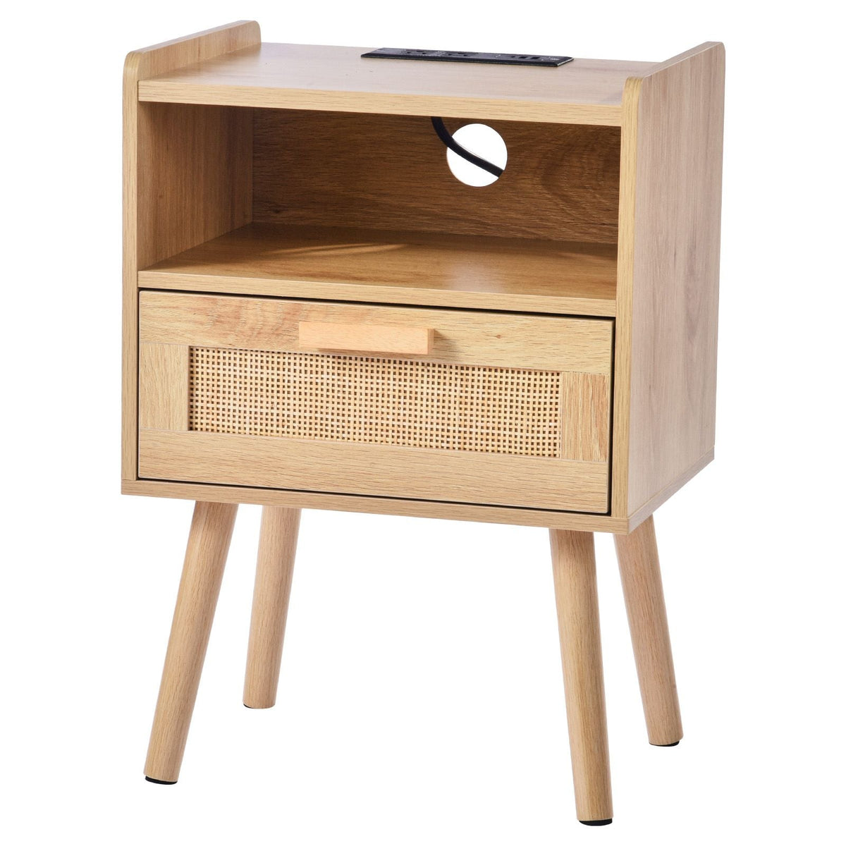 Rattan Nightstand, Boho Bedside Table with Drawer Open Shelf, Rattan End Table Wooden Nightstand with Solid Wood Legs, Rattan Side Table with Charging Station, for Bedroom, Study & Living Room