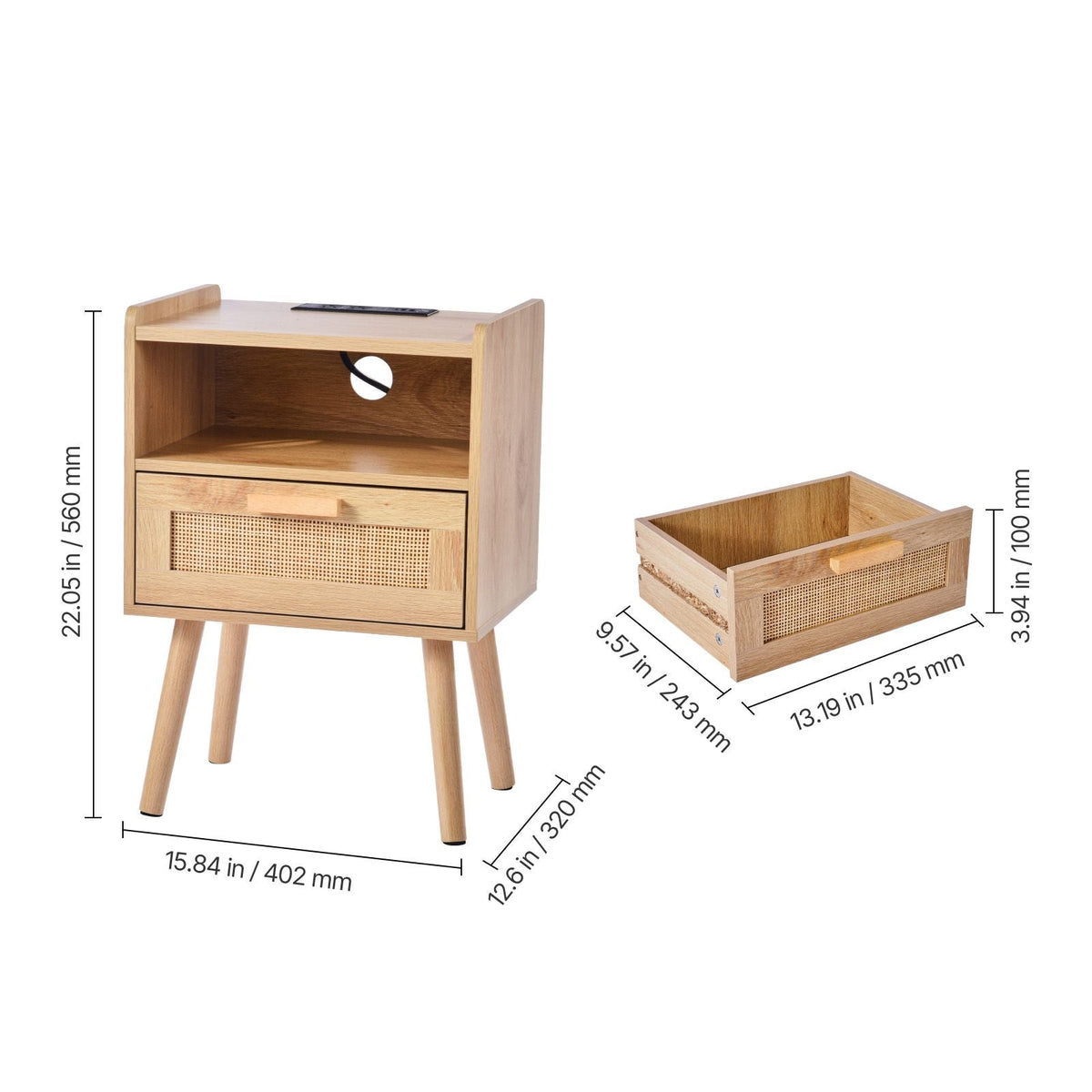 Rattan Nightstand, Boho Bedside Table with Drawer Open Shelf, Rattan End Table Wooden Nightstand with Solid Wood Legs, Rattan Side Table with Charging Station, for Bedroom, Study & Living Room