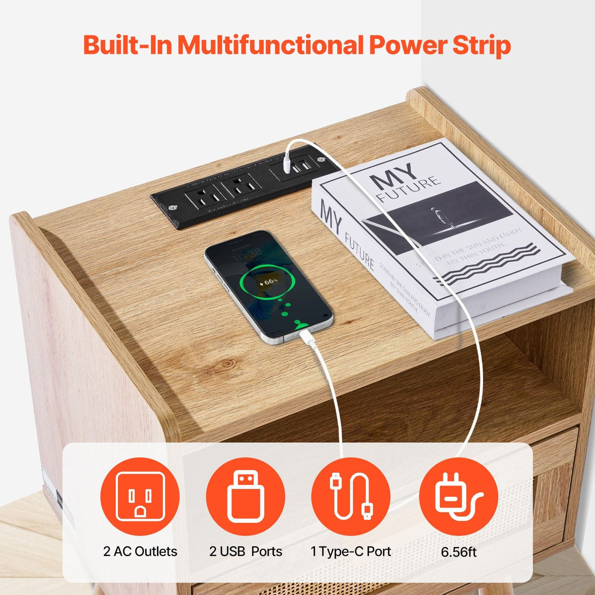 Rattan Nightstand, Boho Bedside Table with Drawer Open Shelf, Rattan End Table Wooden Nightstand with Solid Wood Legs, Rattan Side Table with Charging Station, for Bedroom, Study & Living Room