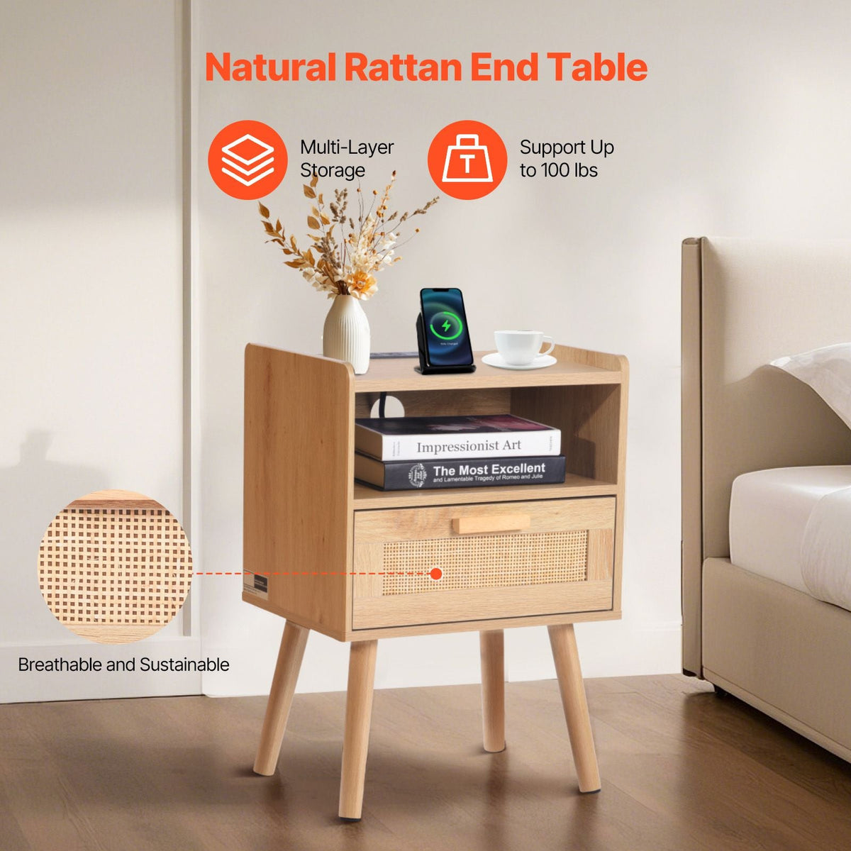 Rattan Nightstand, Boho Bedside Table with Drawer Open Shelf, Rattan End Table Wooden Nightstand with Solid Wood Legs, Rattan Side Table with Charging Station, for Bedroom, Study & Living Room