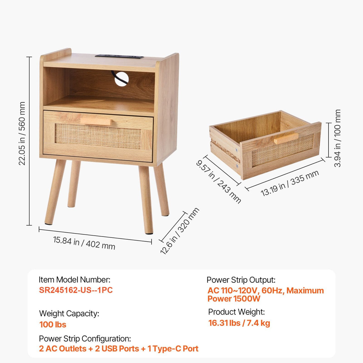 Rattan Nightstand, Boho Bedside Table with Drawer Open Shelf, Rattan End Table Wooden Nightstand with Solid Wood Legs, Rattan Side Table with Charging Station, for Bedroom, Study & Living Room