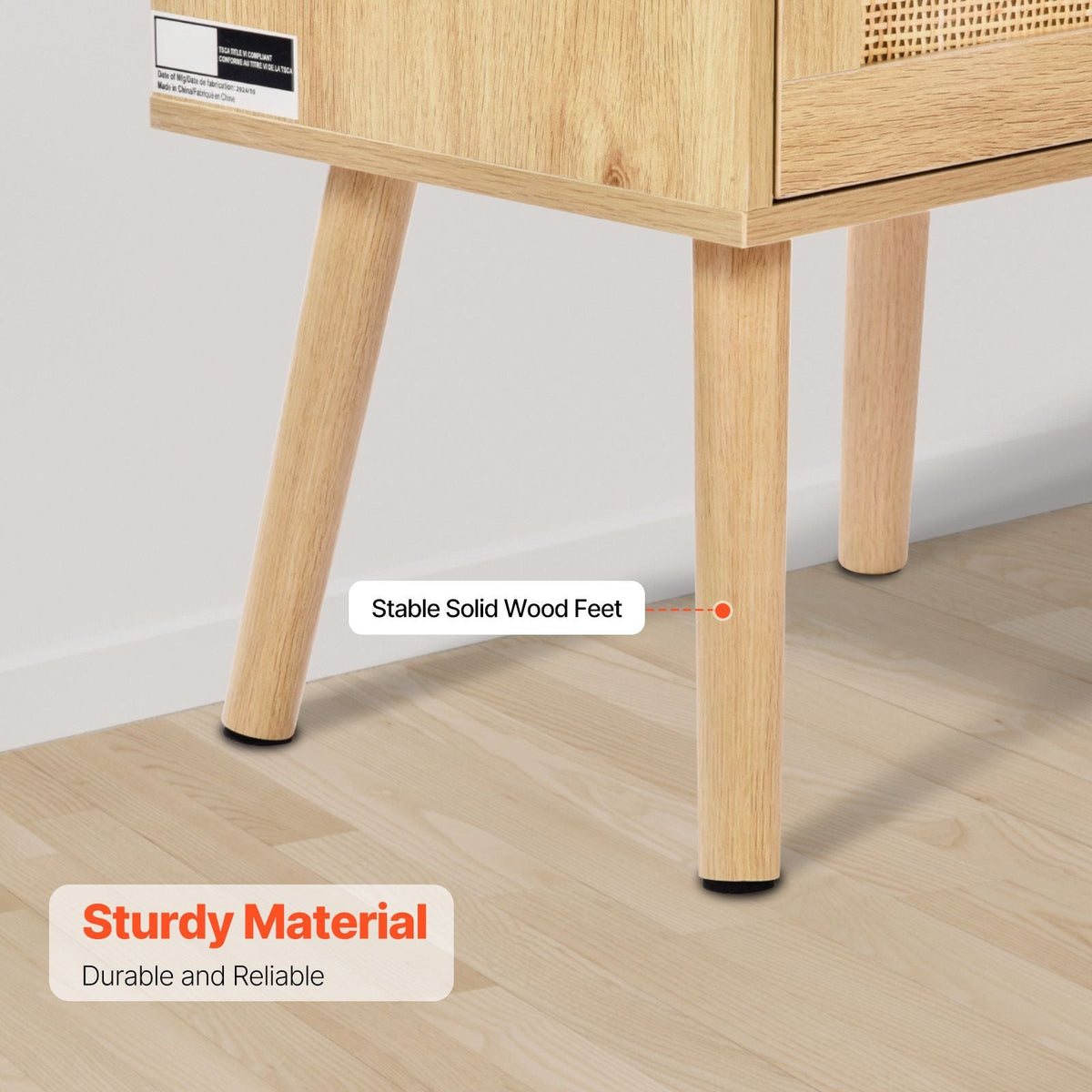 Rattan Nightstand, Boho Bedside Table with Drawer Open Shelf, Rattan End Table Wooden Nightstand with Solid Wood Legs, Rattan Side Table with Charging Station, for Bedroom, Study & Living Room