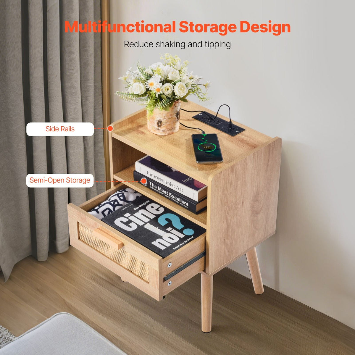 Rattan Nightstand, Boho Bedside Table with Drawer Open Shelf, Rattan End Table Wooden Nightstand with Solid Wood Legs, Rattan Side Table with Charging Station, for Bedroom, Study & Living Room