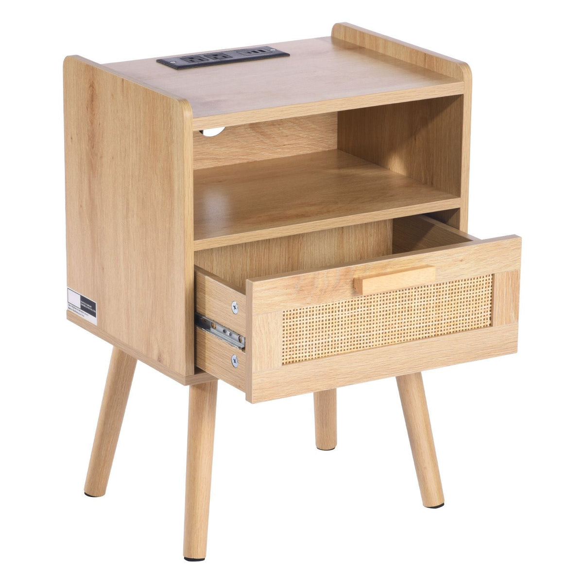 Rattan Nightstand, Boho Bedside Table with Drawer Open Shelf, Rattan End Table Wooden Nightstand with Solid Wood Legs, Rattan Side Table with Charging Station, for Bedroom, Study & Living Room