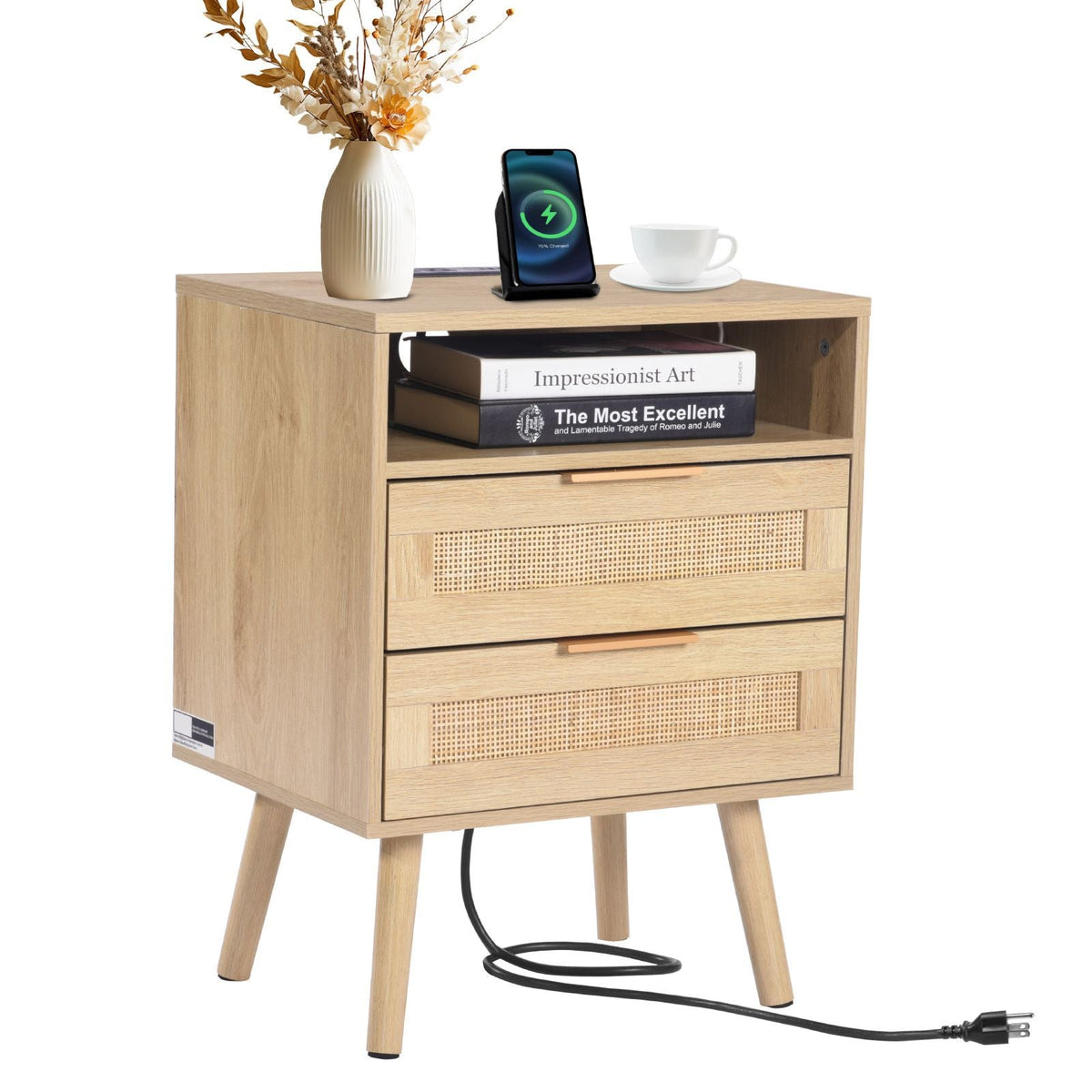 Rattan Nightstand, Boho Bedside Table with Open Shelf 2 Drawers, Rattan End Table Nightstand with Solid Wood Legs, Rattan Bedside Table with Charging Station, for Bedroom, Study & Living Room