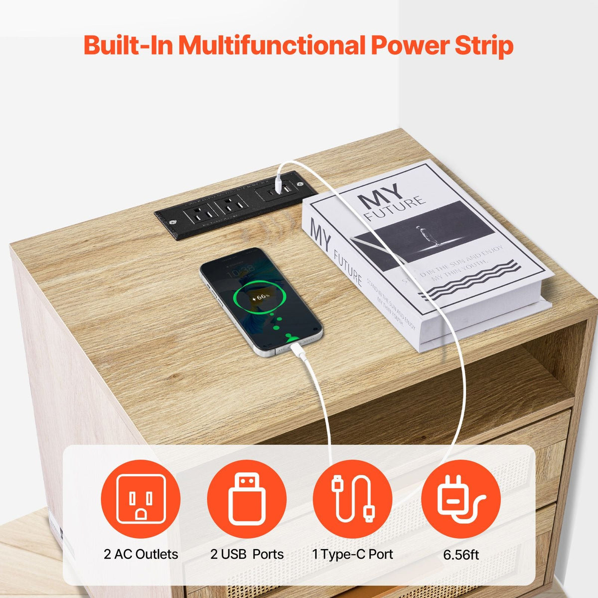 Rattan Nightstand, Boho Bedside Table with Open Shelf 2 Drawers, Rattan End Table Nightstand with Solid Wood Legs, Rattan Bedside Table with Charging Station, for Bedroom, Study & Living Room