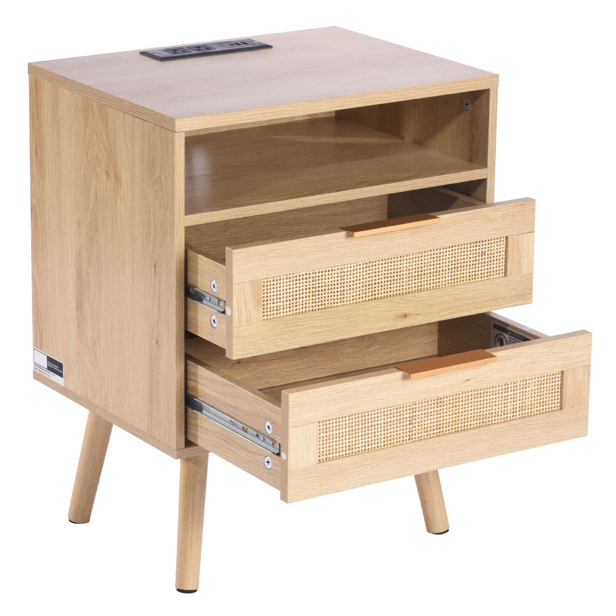 Rattan Nightstand, Boho Bedside Table with Open Shelf 2 Drawers, Rattan End Table Nightstand with Solid Wood Legs, Rattan Bedside Table with Charging Station, for Bedroom, Study & Living Room