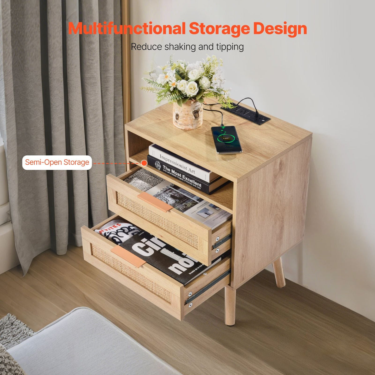 Rattan Nightstand, Boho Bedside Table with Open Shelf 2 Drawers, Rattan End Table Nightstand with Solid Wood Legs, Rattan Bedside Table with Charging Station, for Bedroom, Study & Living Room