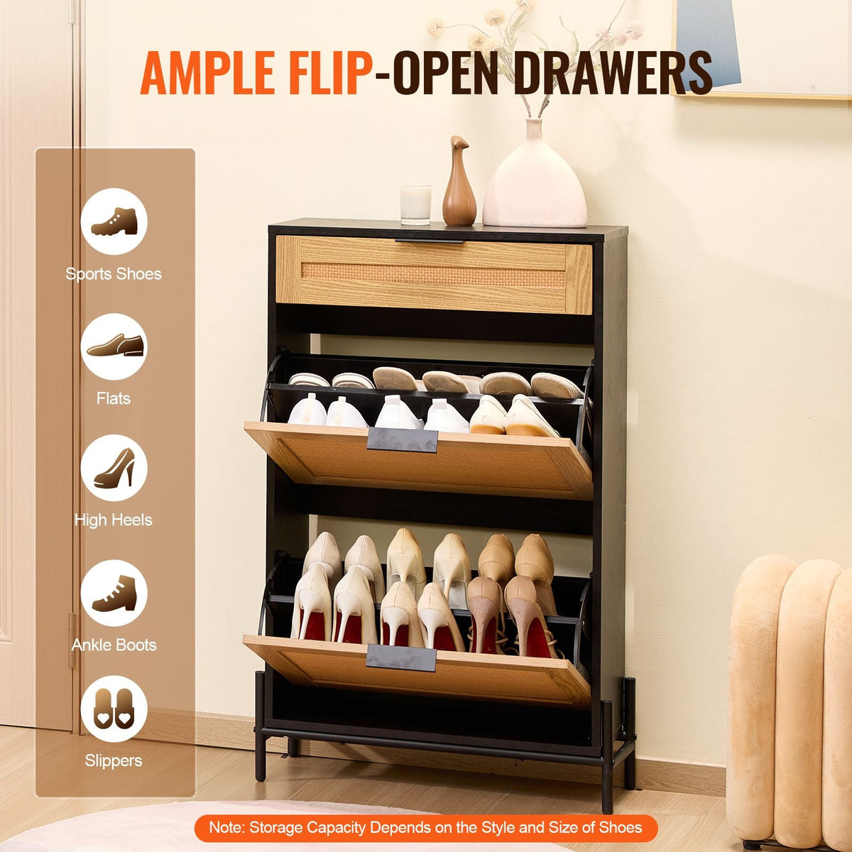Rattan Shoe Cabinet, Narrow Shoe Storage Organizer with 2 Flip Rattan Drawers & 1 Slide Drawer, Metal Legs, Slim Shoe Entryway Cabinet Ideal for Entryway, Closet, Hallway, Black
