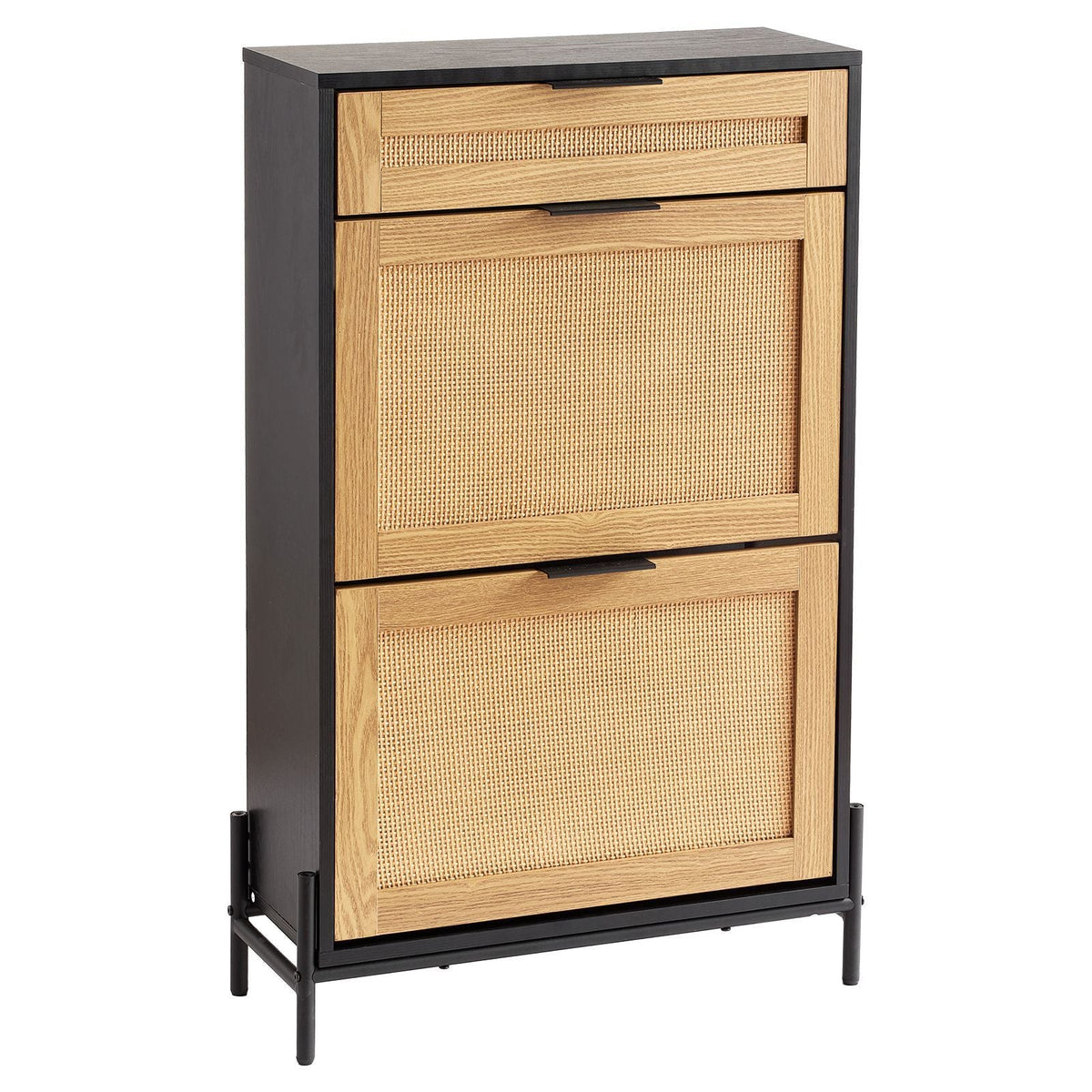 Rattan Shoe Cabinet, Narrow Shoe Storage Organizer with 2 Flip Rattan Drawers & 1 Slide Drawer, Metal Legs, Slim Shoe Entryway Cabinet Ideal for Entryway, Closet, Hallway, Black