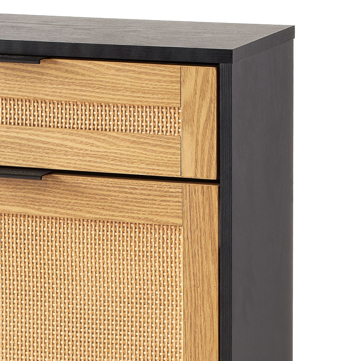 Rattan Shoe Cabinet, Narrow Shoe Storage Organizer with 2 Flip Rattan Drawers & 1 Slide Drawer, Metal Legs, Slim Shoe Entryway Cabinet Ideal for Entryway, Closet, Hallway, Black
