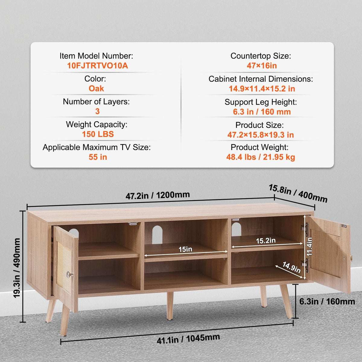 Rattan TV Stand, Boho TV Cabinet for 55 inch TV, Mid Century Modern TV Stand, Rattan TV Console with Adjustable Shelfs for Living Room, Media Room, Oak