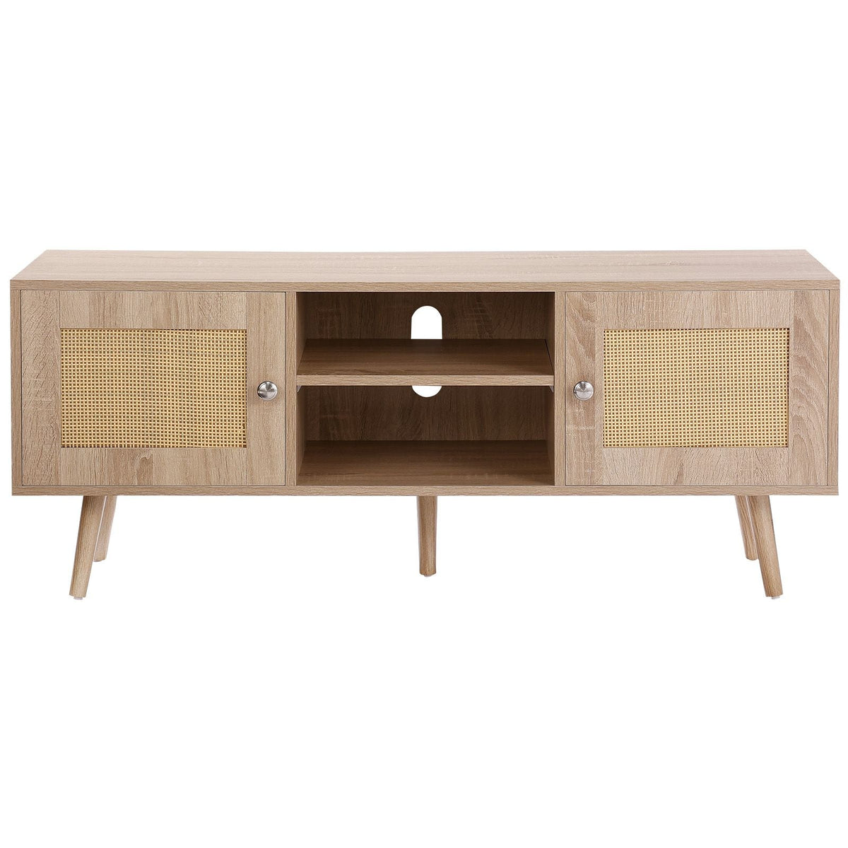 Rattan TV Stand, Boho TV Cabinet for 55 inch TV, Mid Century Modern TV Stand, Rattan TV Console with Adjustable Shelfs for Living Room, Media Room, Oak