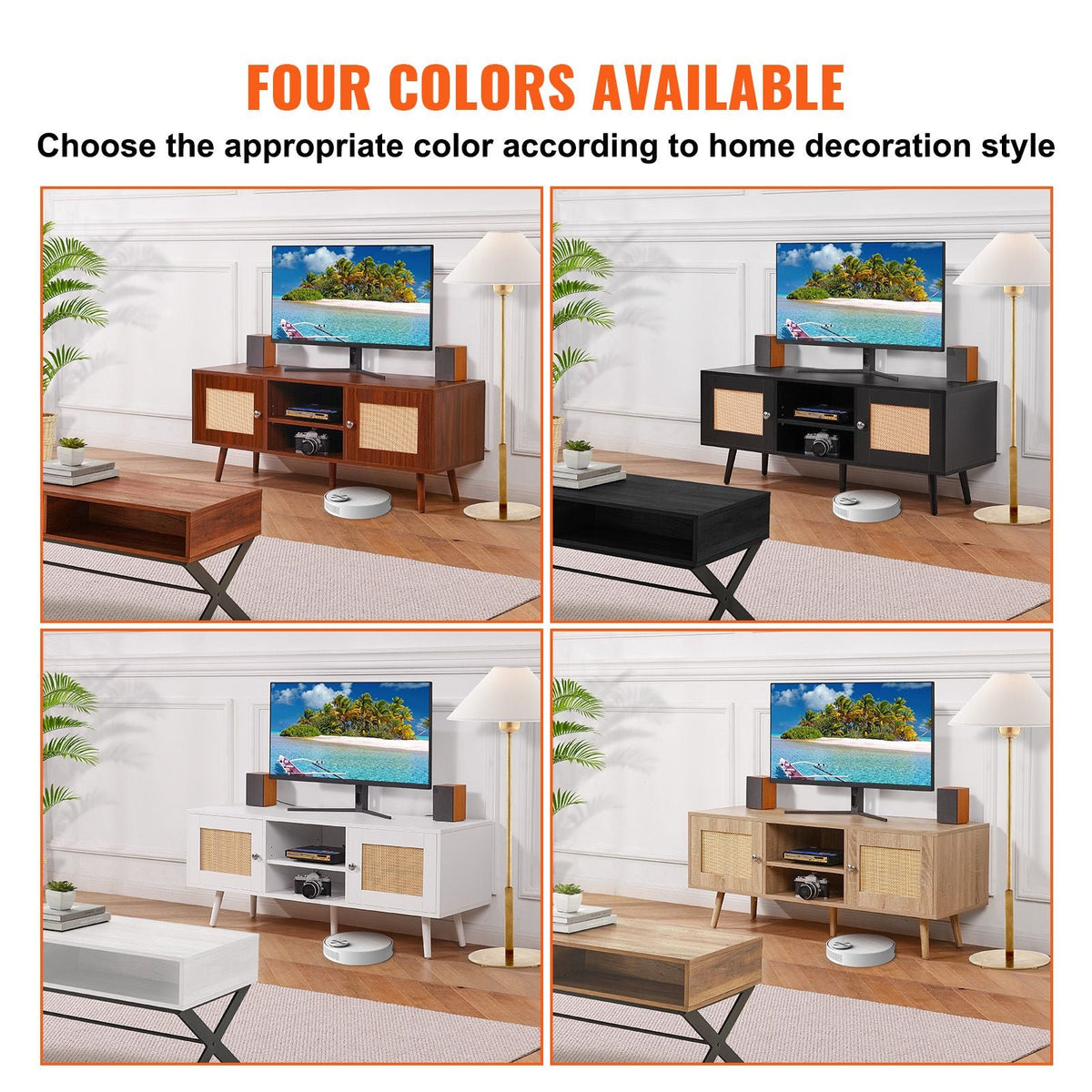 Rattan TV Stand, Boho TV Cabinet for 55 inch TV, Mid Century Modern TV Stand, Rattan TV Console with Adjustable Shelfs for Living Room, Media Room, Oak