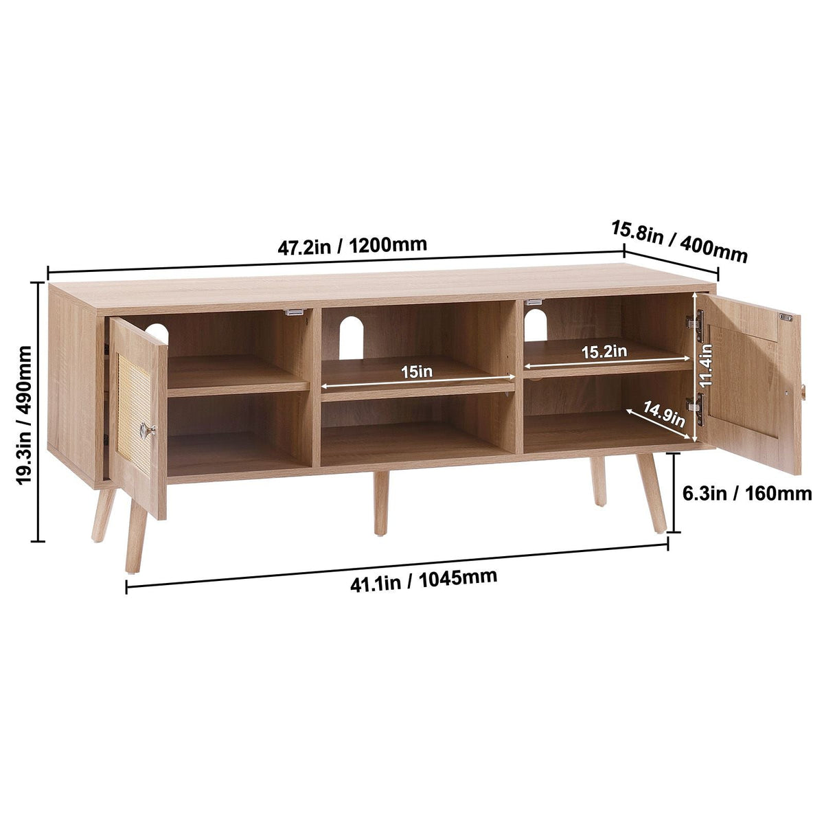 Rattan TV Stand, Boho TV Cabinet for 55 inch TV, Mid Century Modern TV Stand, Rattan TV Console with Adjustable Shelfs for Living Room, Media Room, Oak