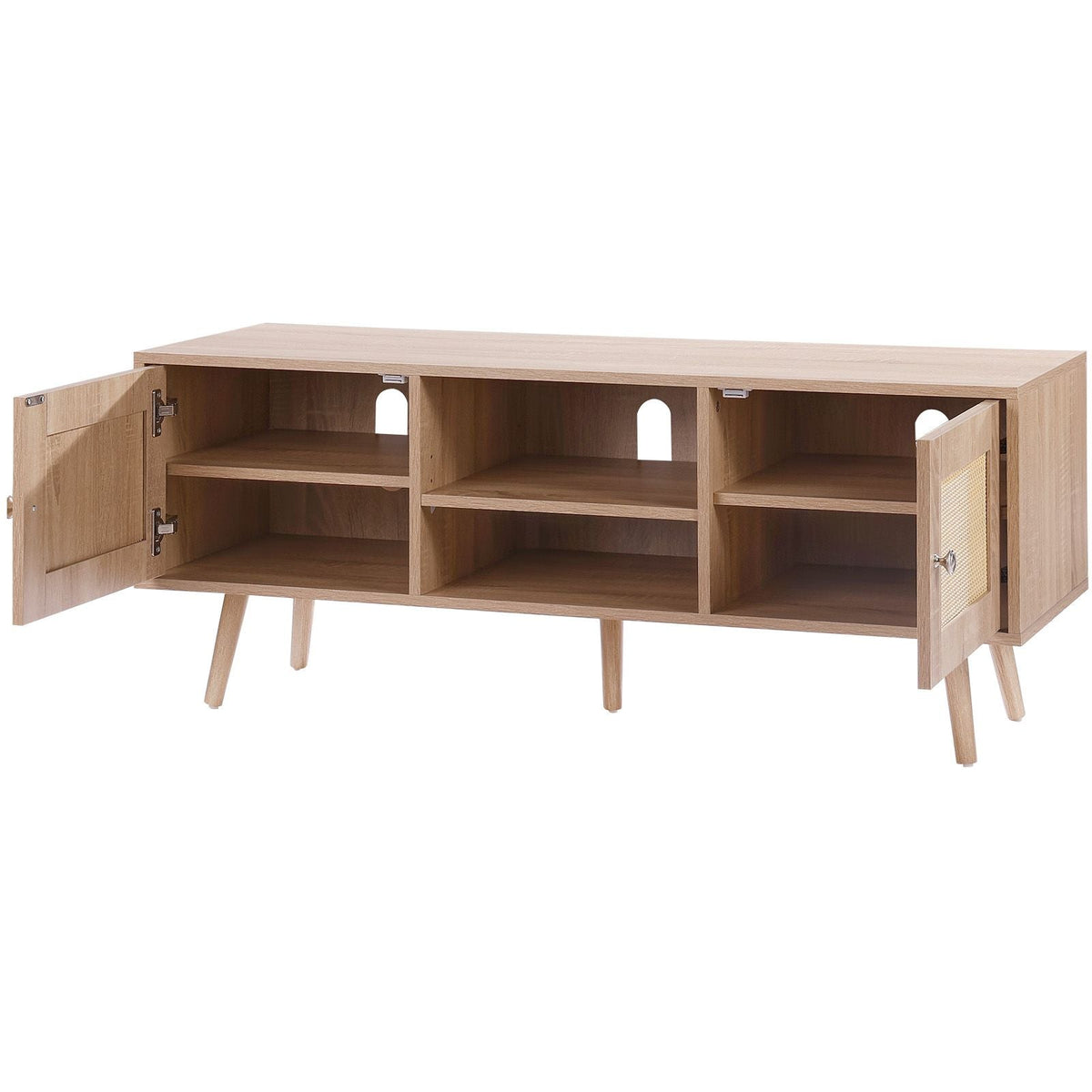 Rattan TV Stand, Boho TV Cabinet for 55 inch TV, Mid Century Modern TV Stand, Rattan TV Console with Adjustable Shelfs for Living Room, Media Room, Oak
