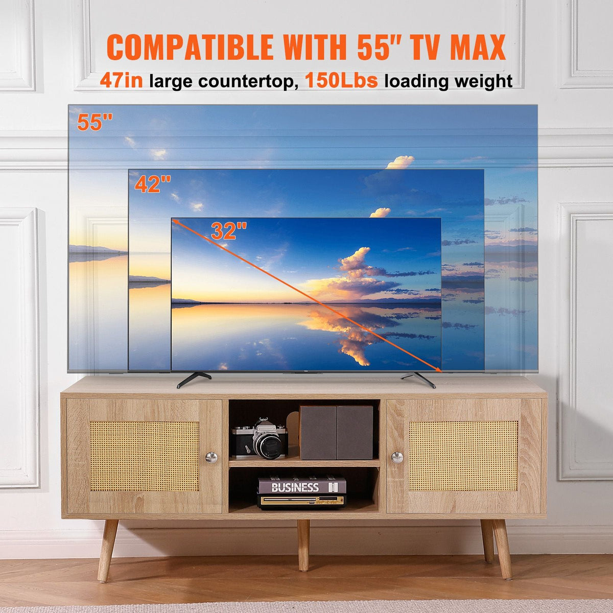 Rattan TV Stand, Boho TV Cabinet for 55 inch TV, Mid Century Modern TV Stand, Rattan TV Console with Adjustable Shelfs for Living Room, Media Room, Oak