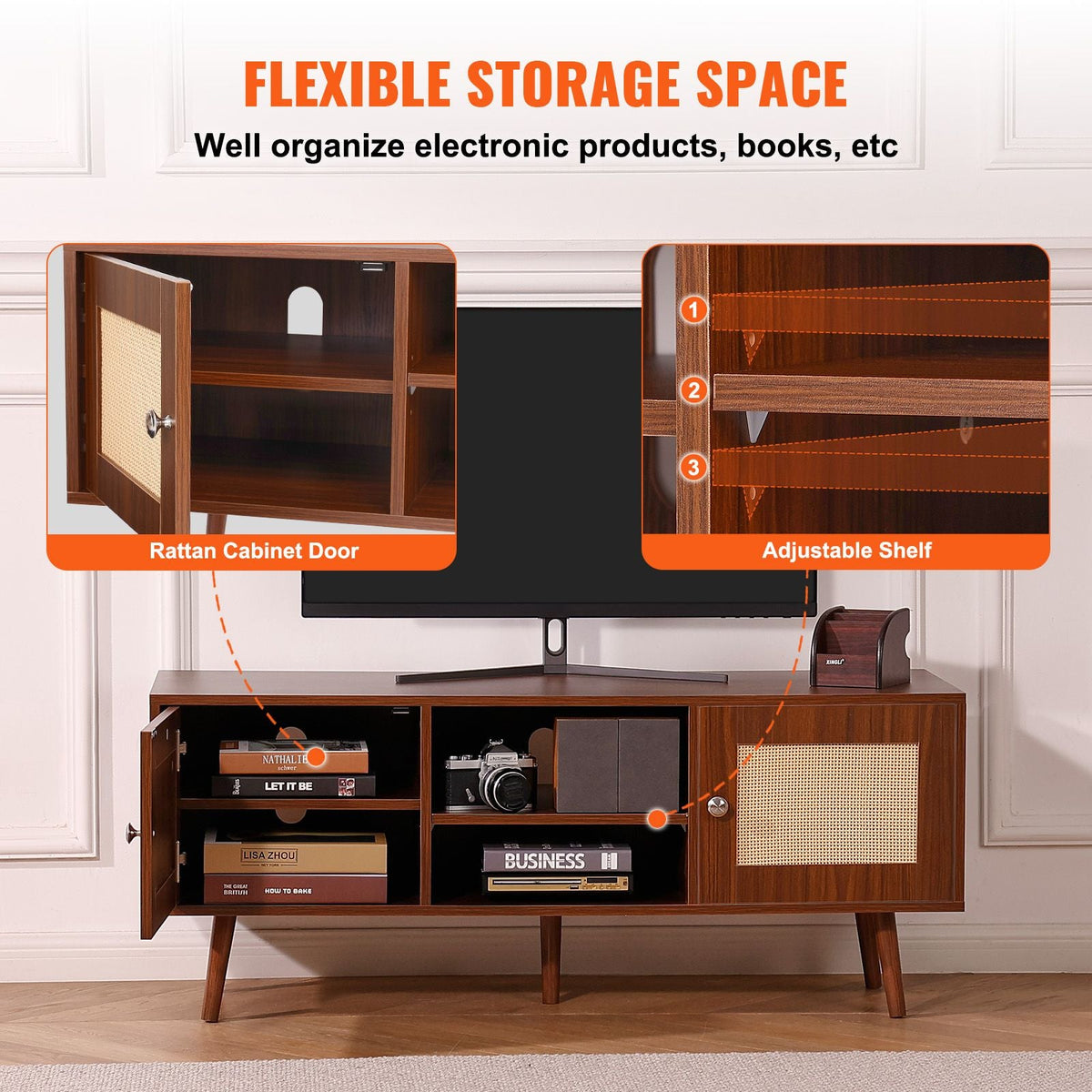 Rattan TV Stand, Boho TV Cabinet for 55 inch TV, Mid Century Modern TV Stand, Rattan TV Console with Adjustable Shelfs for Living Room, Media Room, Walnut