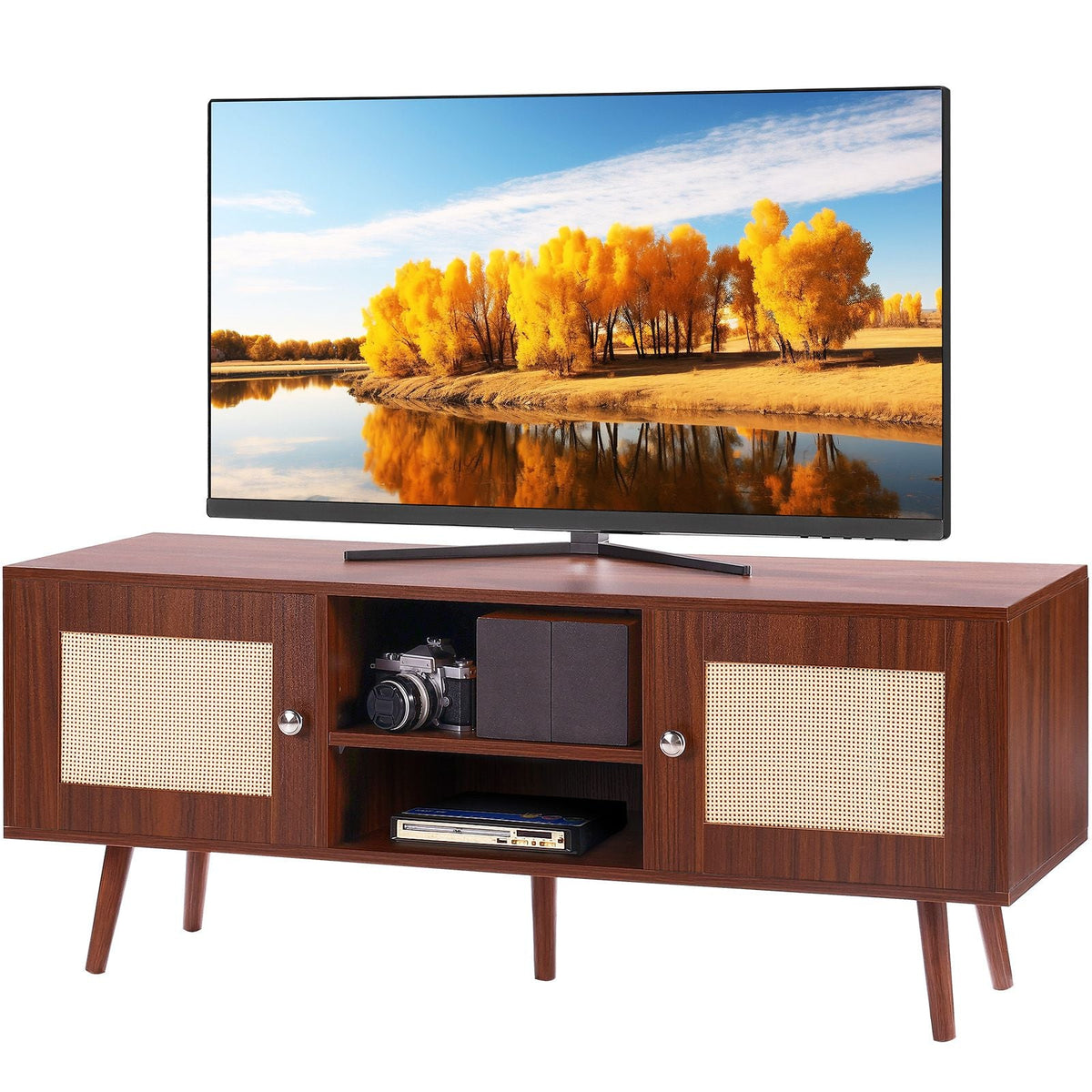 Rattan TV Stand, Boho TV Cabinet for 55 inch TV, Mid Century Modern TV Stand, Rattan TV Console with Adjustable Shelfs for Living Room, Media Room, Walnut