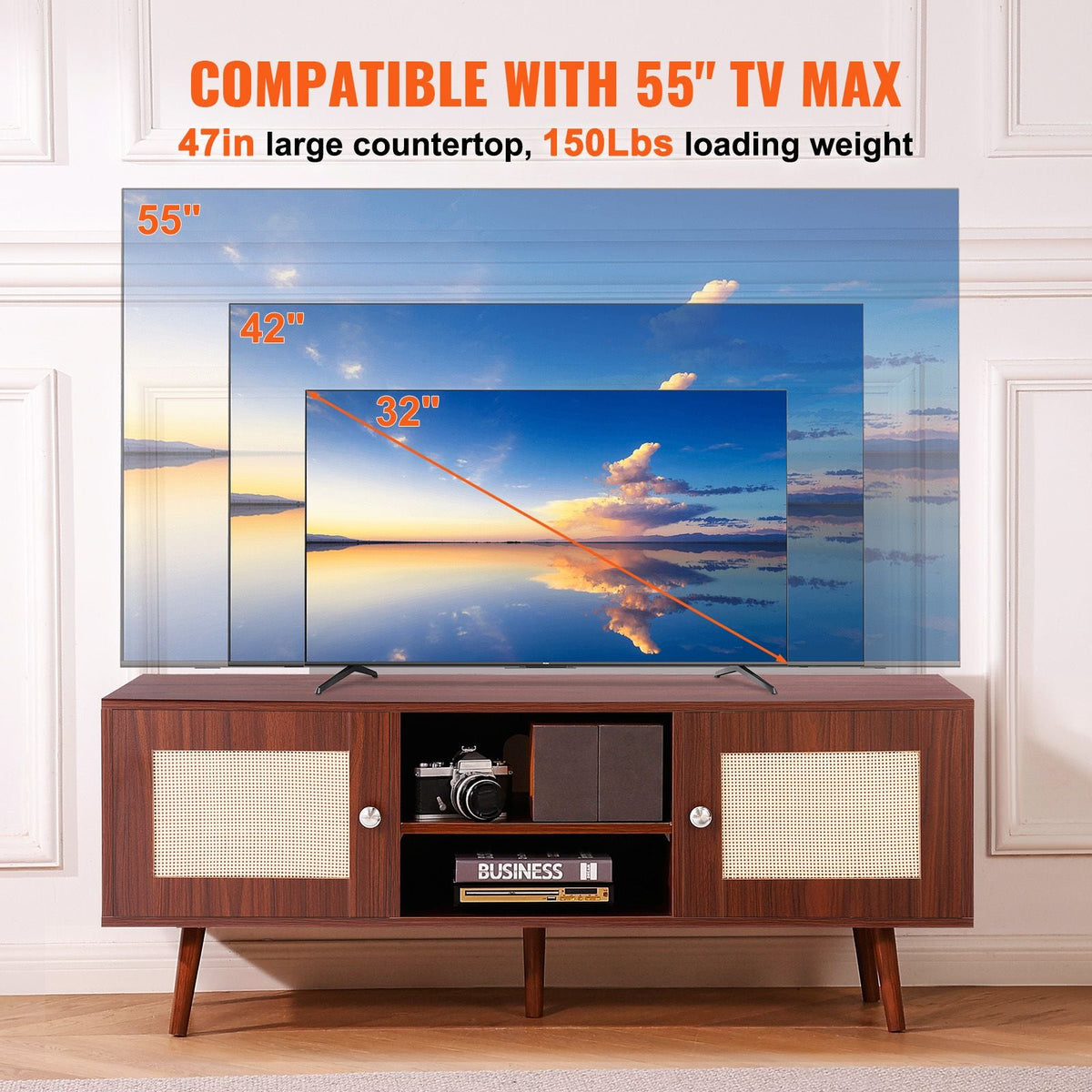 Rattan TV Stand, Boho TV Cabinet for 55 inch TV, Mid Century Modern TV Stand, Rattan TV Console with Adjustable Shelfs for Living Room, Media Room, Walnut