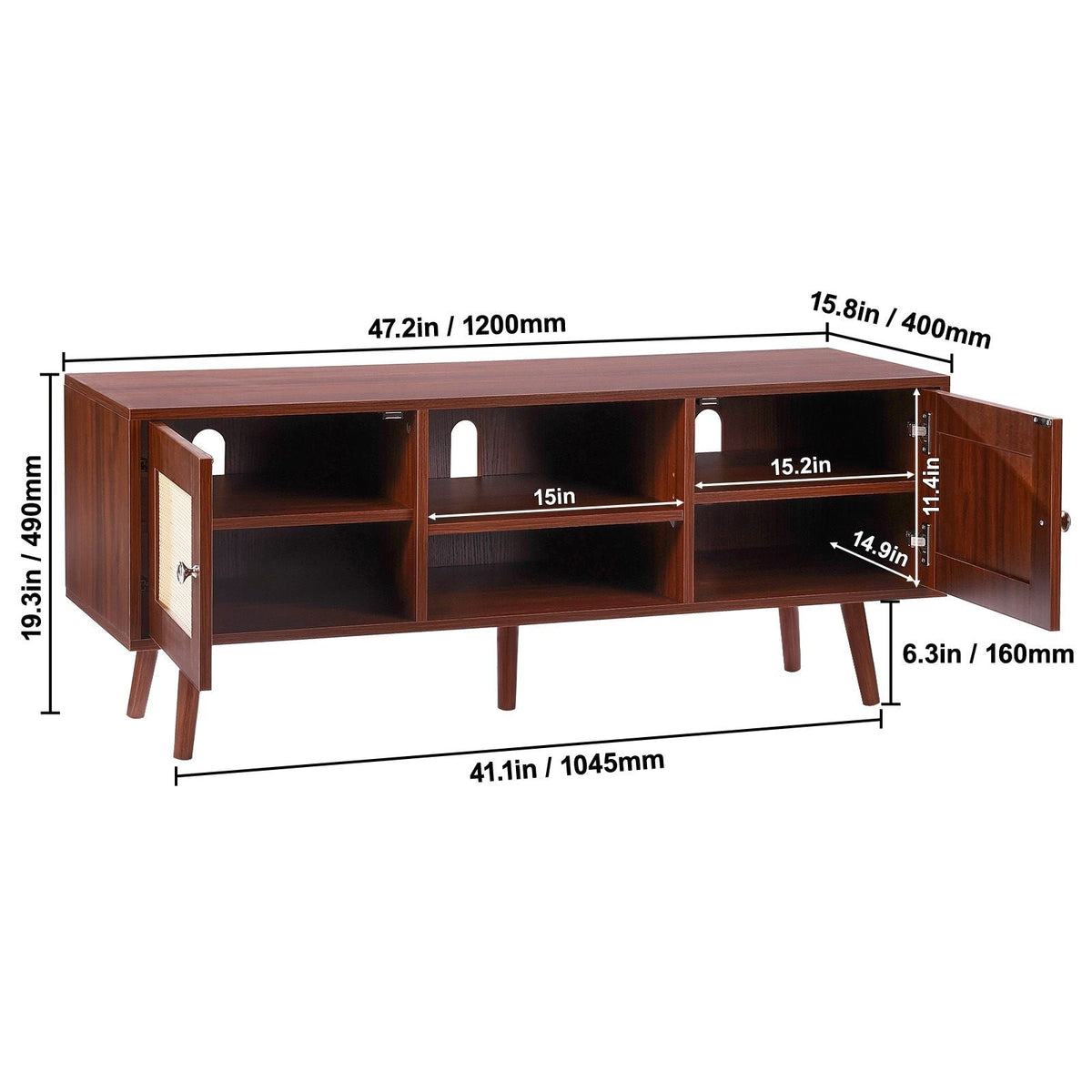 Rattan TV Stand, Boho TV Cabinet for 55 inch TV, Mid Century Modern TV Stand, Rattan TV Console with Adjustable Shelfs for Living Room, Media Room, Walnut