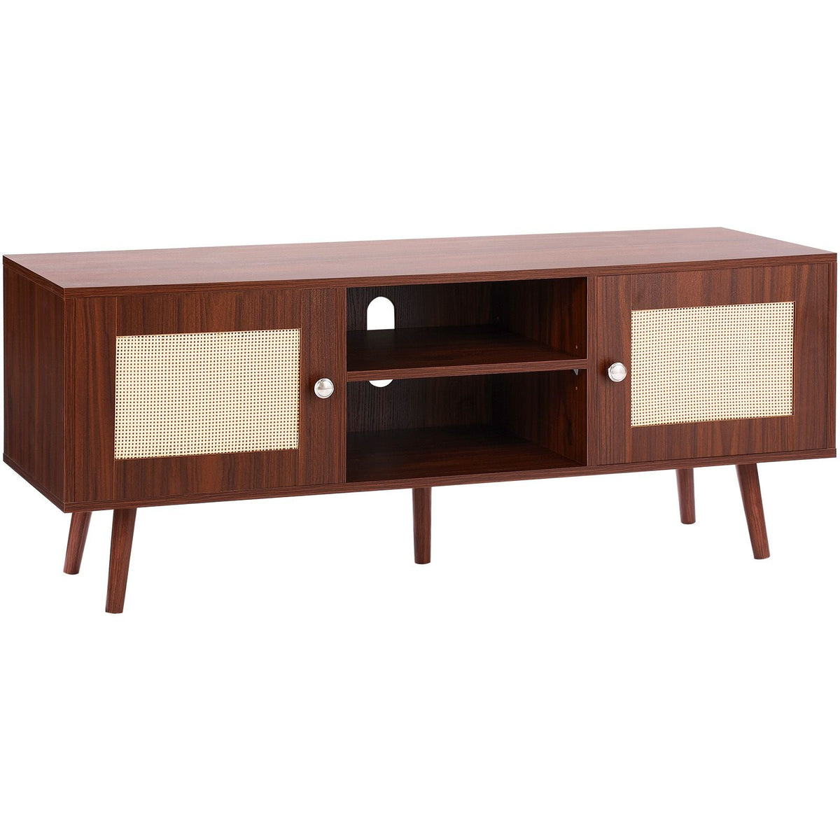 Rattan TV Stand, Boho TV Cabinet for 55 inch TV, Mid Century Modern TV Stand, Rattan TV Console with Adjustable Shelfs for Living Room, Media Room, Walnut