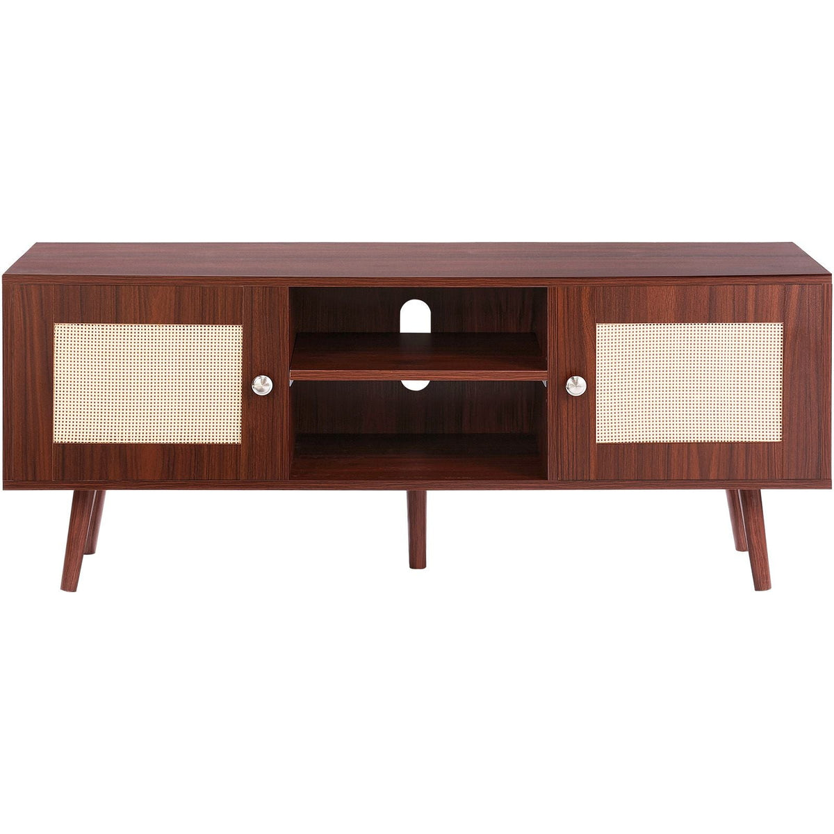 Rattan TV Stand, Boho TV Cabinet for 55 inch TV, Mid Century Modern TV Stand, Rattan TV Console with Adjustable Shelfs for Living Room, Media Room, Walnut