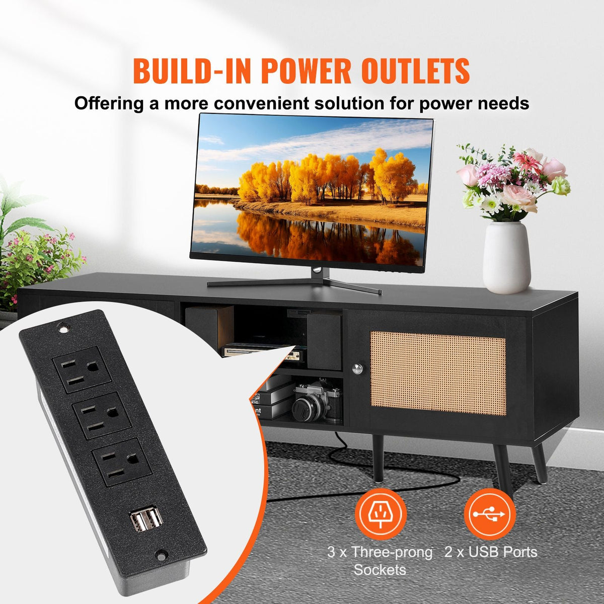 Rattan TV Stand for 65 inch TV, Boho TV Stand with Rattan Door, Entertainment Center with Build-in Socket and USB Ports, Modern TV Console for Living Room, Media Room, Black