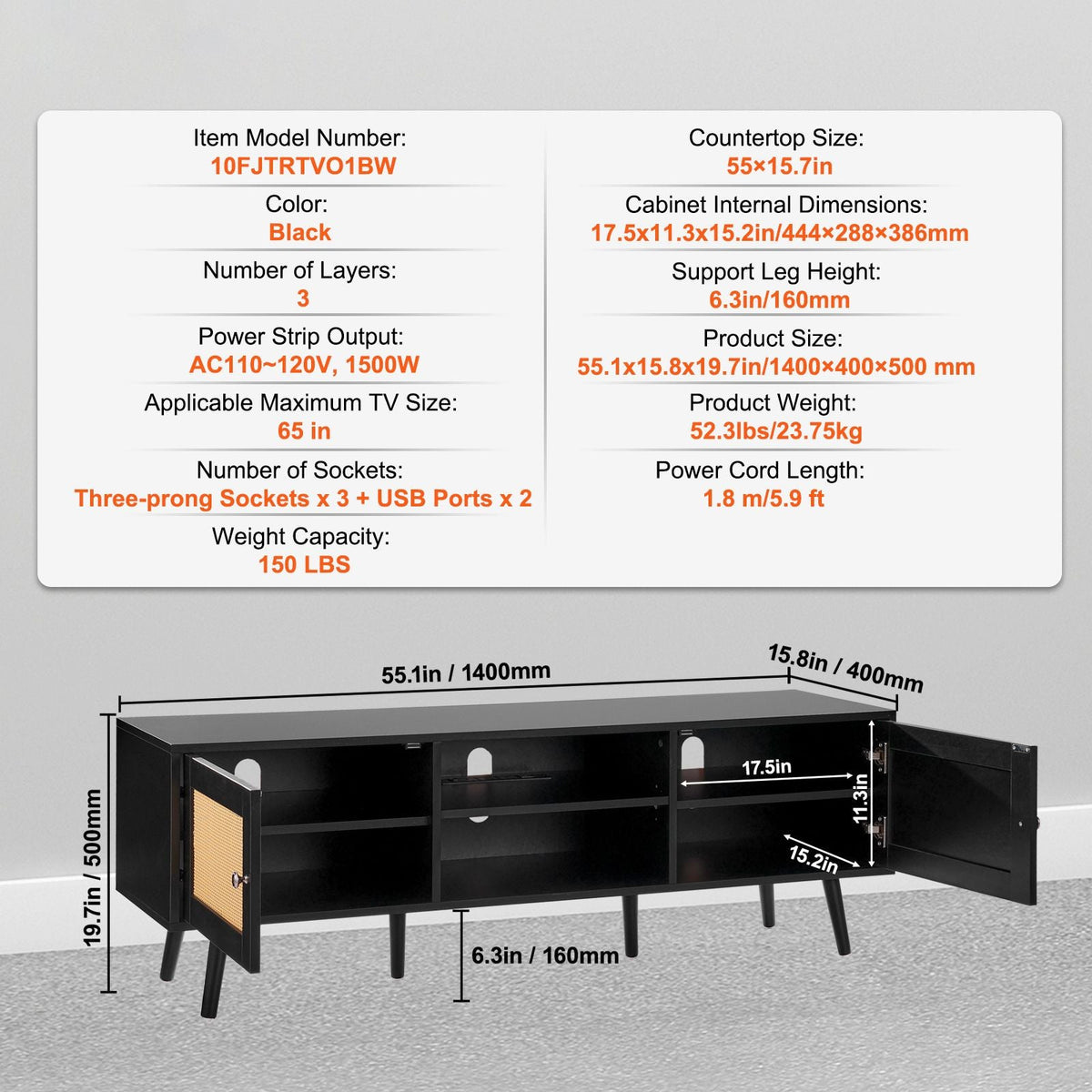 Rattan TV Stand for 65 inch TV, Boho TV Stand with Rattan Door, Entertainment Center with Build-in Socket and USB Ports, Modern TV Console for Living Room, Media Room, Black