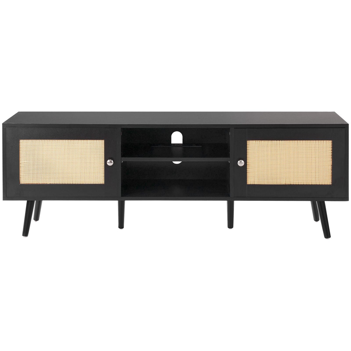 Rattan TV Stand for 65 inch TV, Boho TV Stand with Rattan Door, Entertainment Center with Build-in Socket and USB Ports, Modern TV Console for Living Room, Media Room, Black