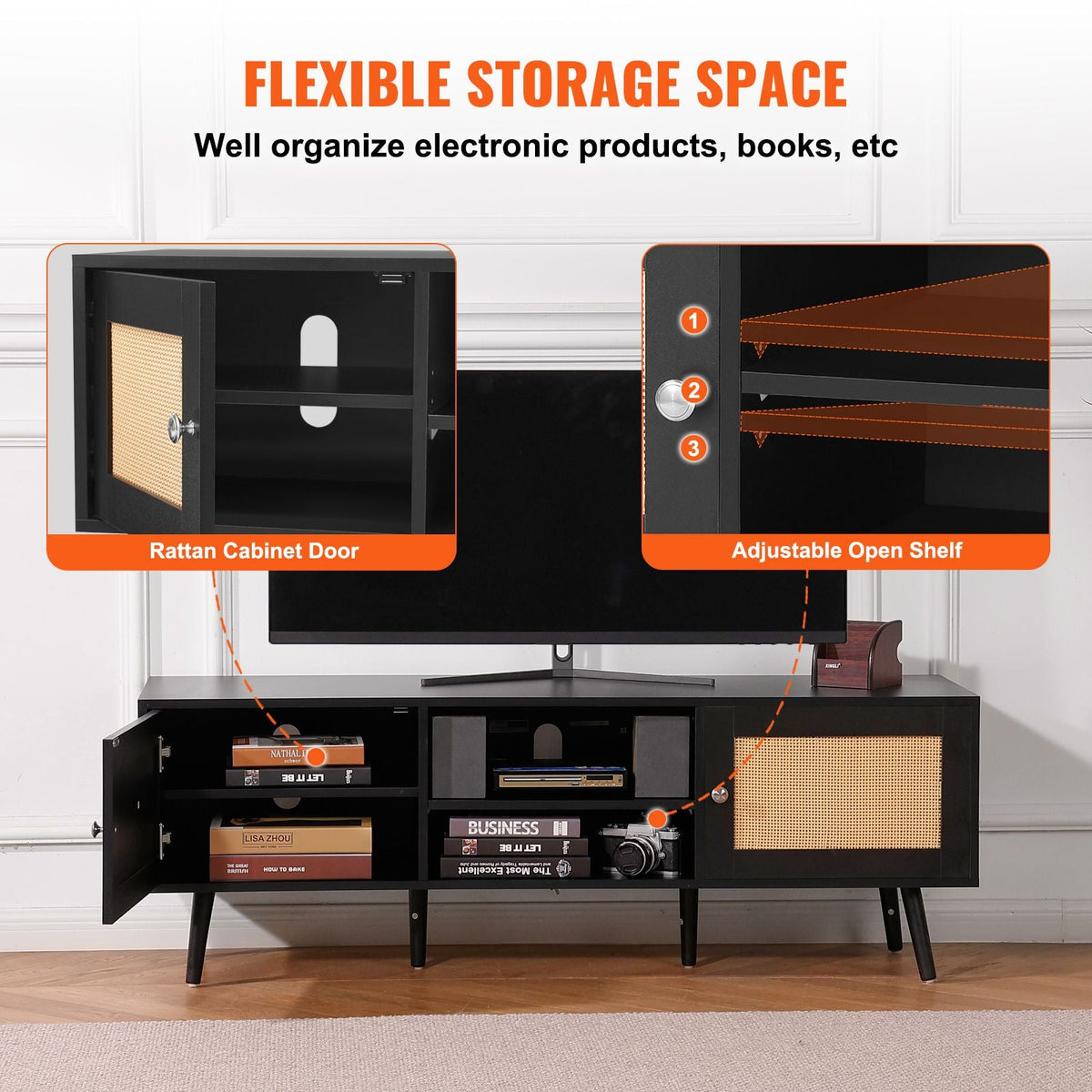 Rattan TV Stand for 65 inch TV, Boho TV Stand with Rattan Door, Entertainment Center with Build-in Socket and USB Ports, Modern TV Console for Living Room, Media Room, Black