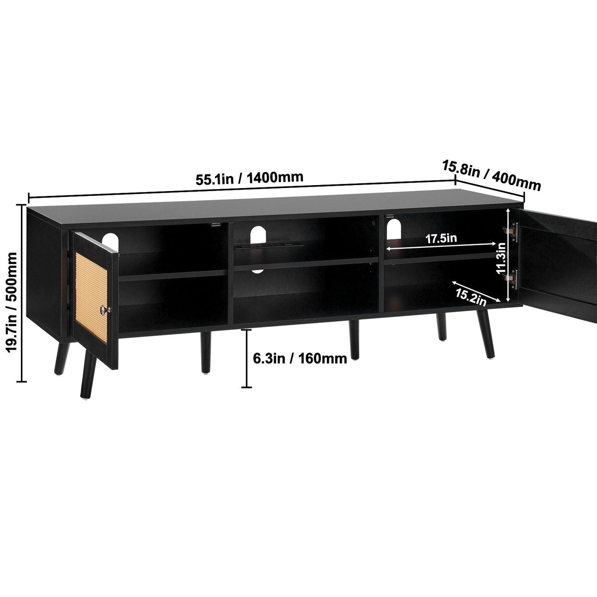Rattan TV Stand for 65 inch TV, Boho TV Stand with Rattan Door, Entertainment Center with Build-in Socket and USB Ports, Modern TV Console for Living Room, Media Room, Black