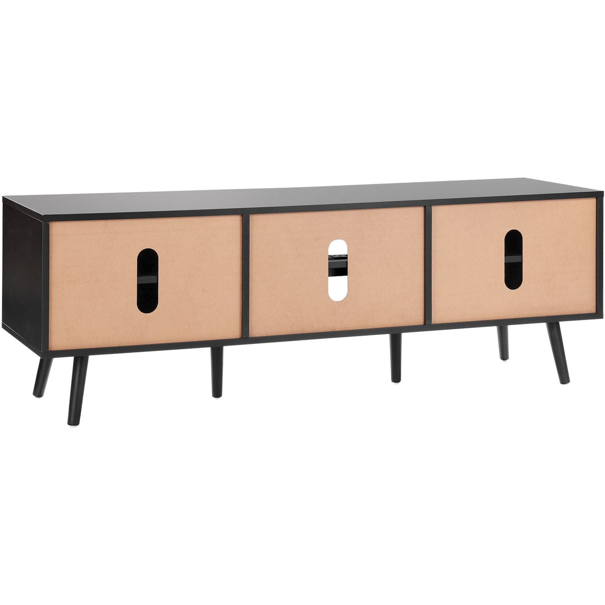 Rattan TV Stand for 65 inch TV, Boho TV Stand with Rattan Door, Entertainment Center with Build-in Socket and USB Ports, Modern TV Console for Living Room, Media Room, Black