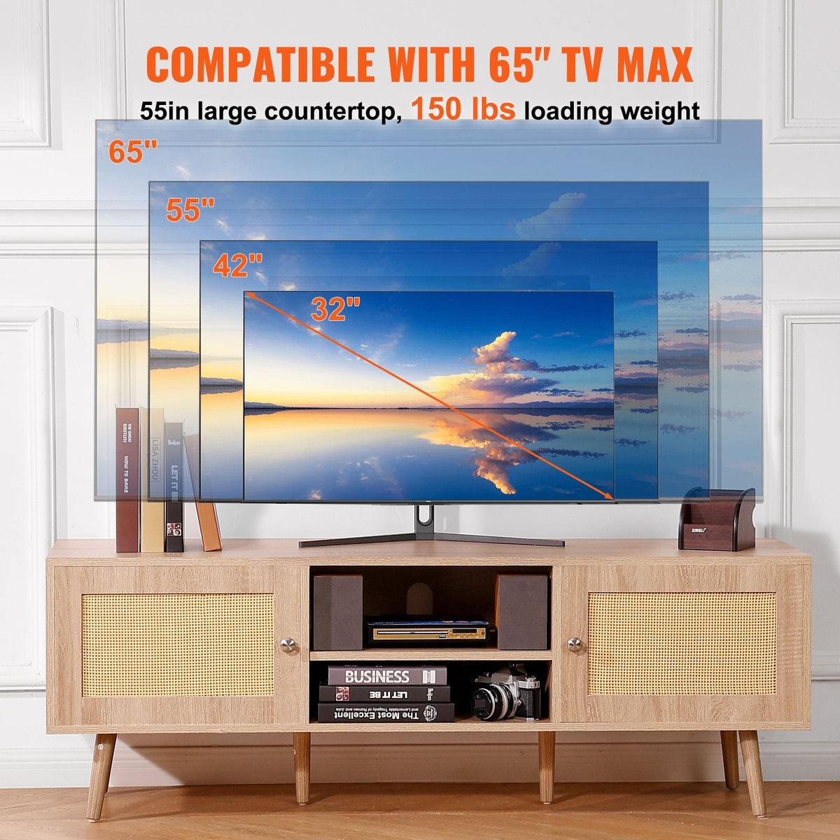 Rattan TV Stand, Mid Century Modern TV Stand for 65 inch TV, Boho Rattan TV Cabinet with Build-in Socket and USB Ports, Adjustable Shelfs for Living Room, Media Room, Oak