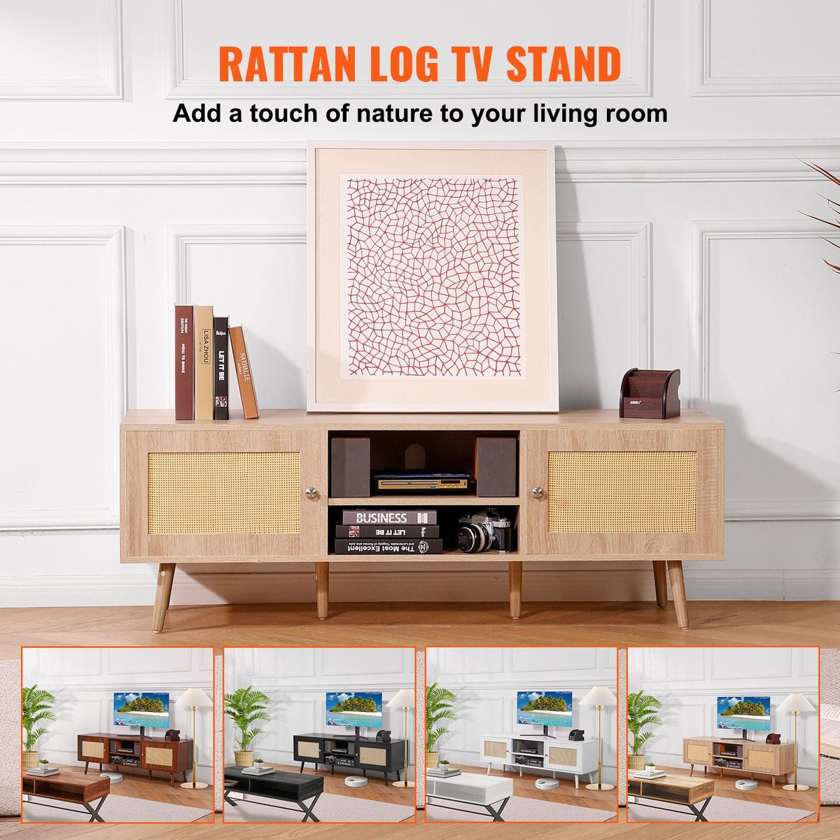 Rattan TV Stand, Mid Century Modern TV Stand for 65 inch TV, Boho Rattan TV Cabinet with Build-in Socket and USB Ports, Adjustable Shelfs for Living Room, Media Room, Oak