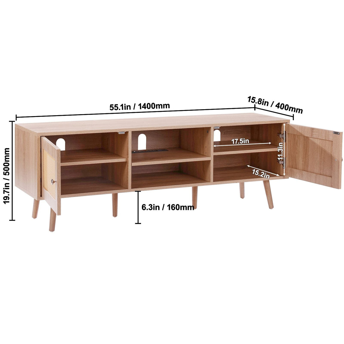 Rattan TV Stand, Mid Century Modern TV Stand for 65 inch TV, Boho Rattan TV Cabinet with Build-in Socket and USB Ports, Adjustable Shelfs for Living Room, Media Room, Oak