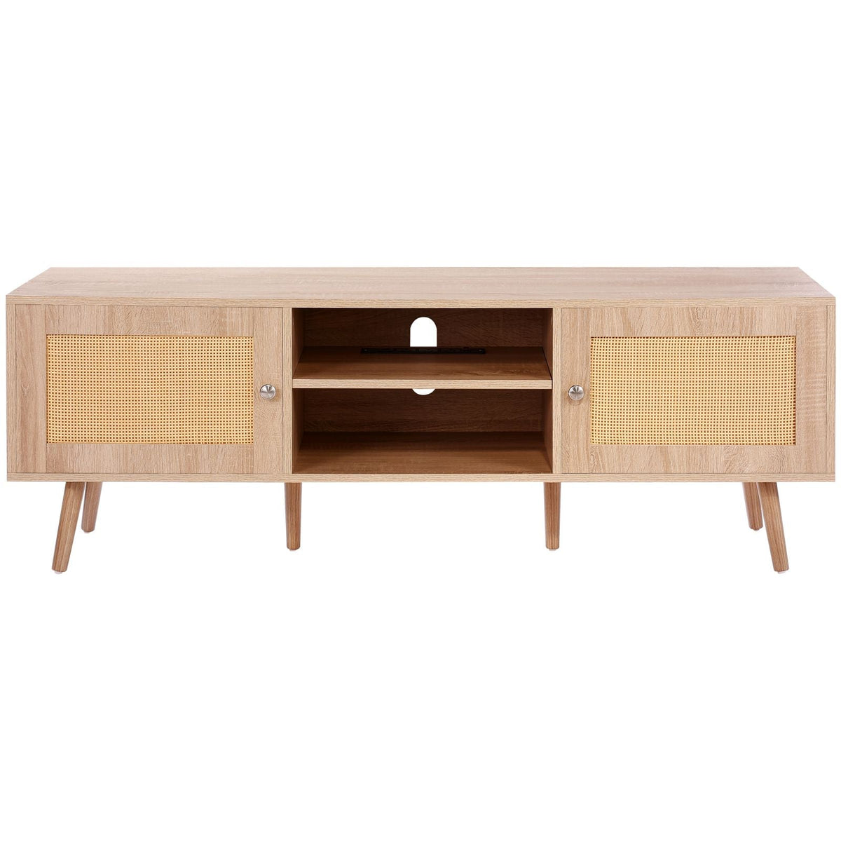 Rattan TV Stand, Mid Century Modern TV Stand for 65 inch TV, Boho Rattan TV Cabinet with Build-in Socket and USB Ports, Adjustable Shelfs for Living Room, Media Room, Oak
