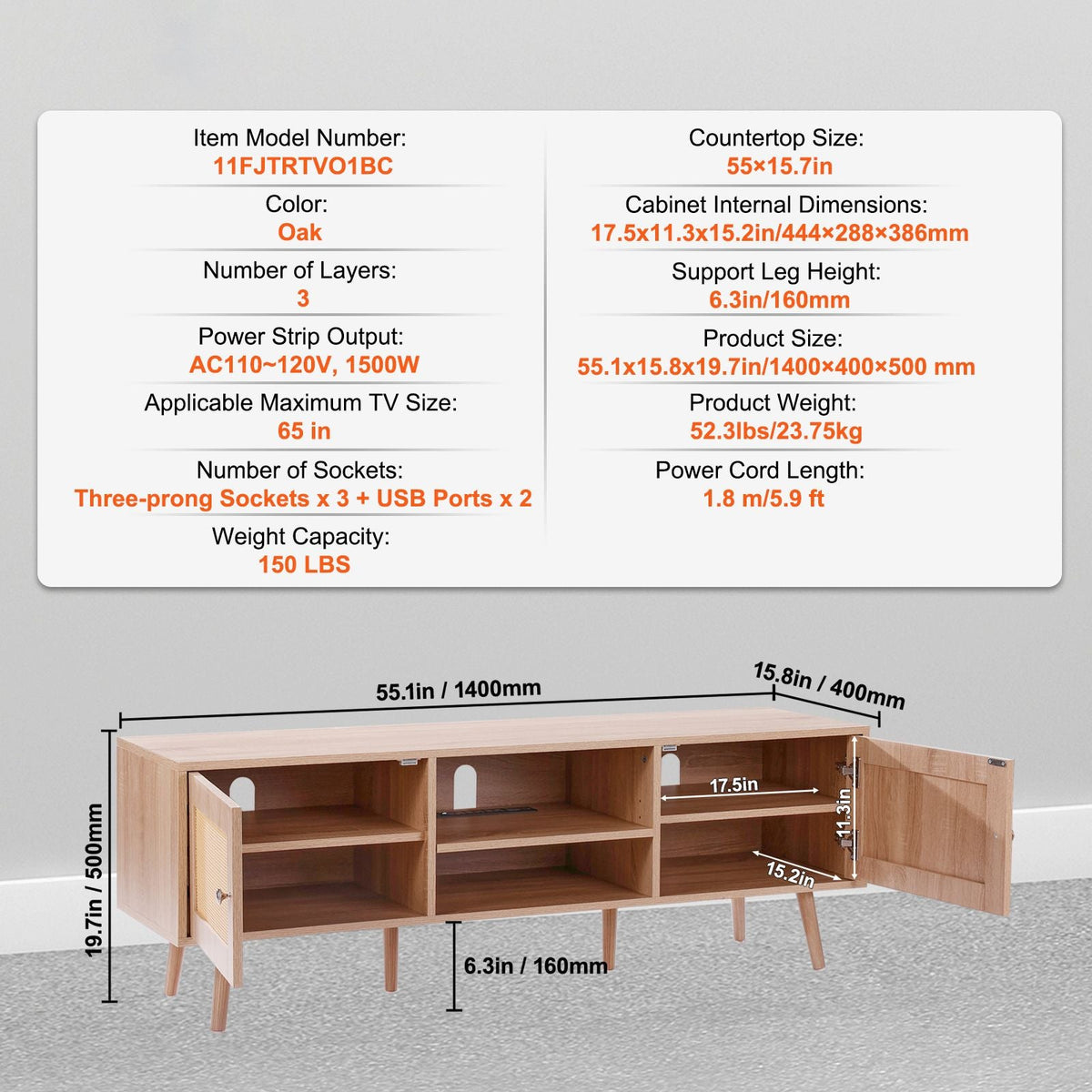 Rattan TV Stand, Mid Century Modern TV Stand for 65 inch TV, Boho Rattan TV Cabinet with Build-in Socket and USB Ports, Adjustable Shelfs for Living Room, Media Room, Oak