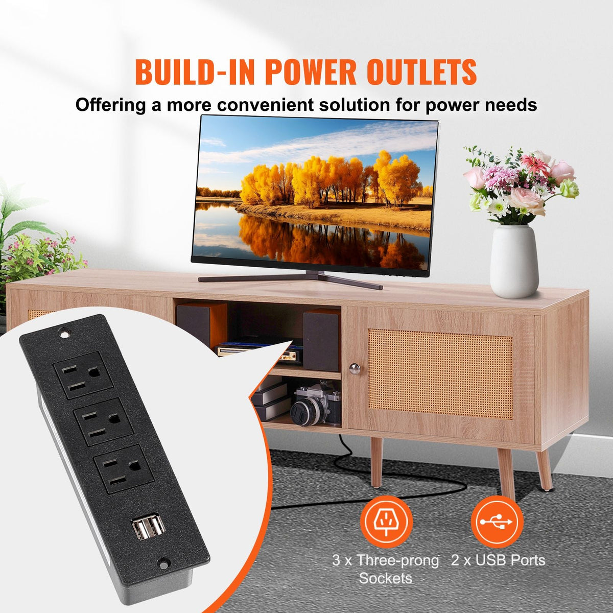 Rattan TV Stand, Mid Century Modern TV Stand for 65 inch TV, Boho Rattan TV Cabinet with Build-in Socket and USB Ports, Adjustable Shelfs for Living Room, Media Room, Oak