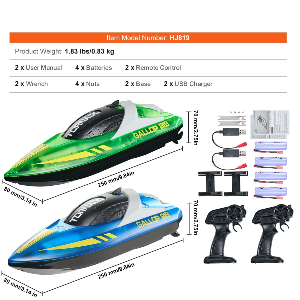 RC Boat, 2 Pack 2.4GHz 12 km/h, Remote Control Boat for Pools & Lakes, Racing Boat with LED Light, 4 Rechargeable Batteries, Whole Body Waterproof, Gift for Adults Boys & Girls, Blue & Green